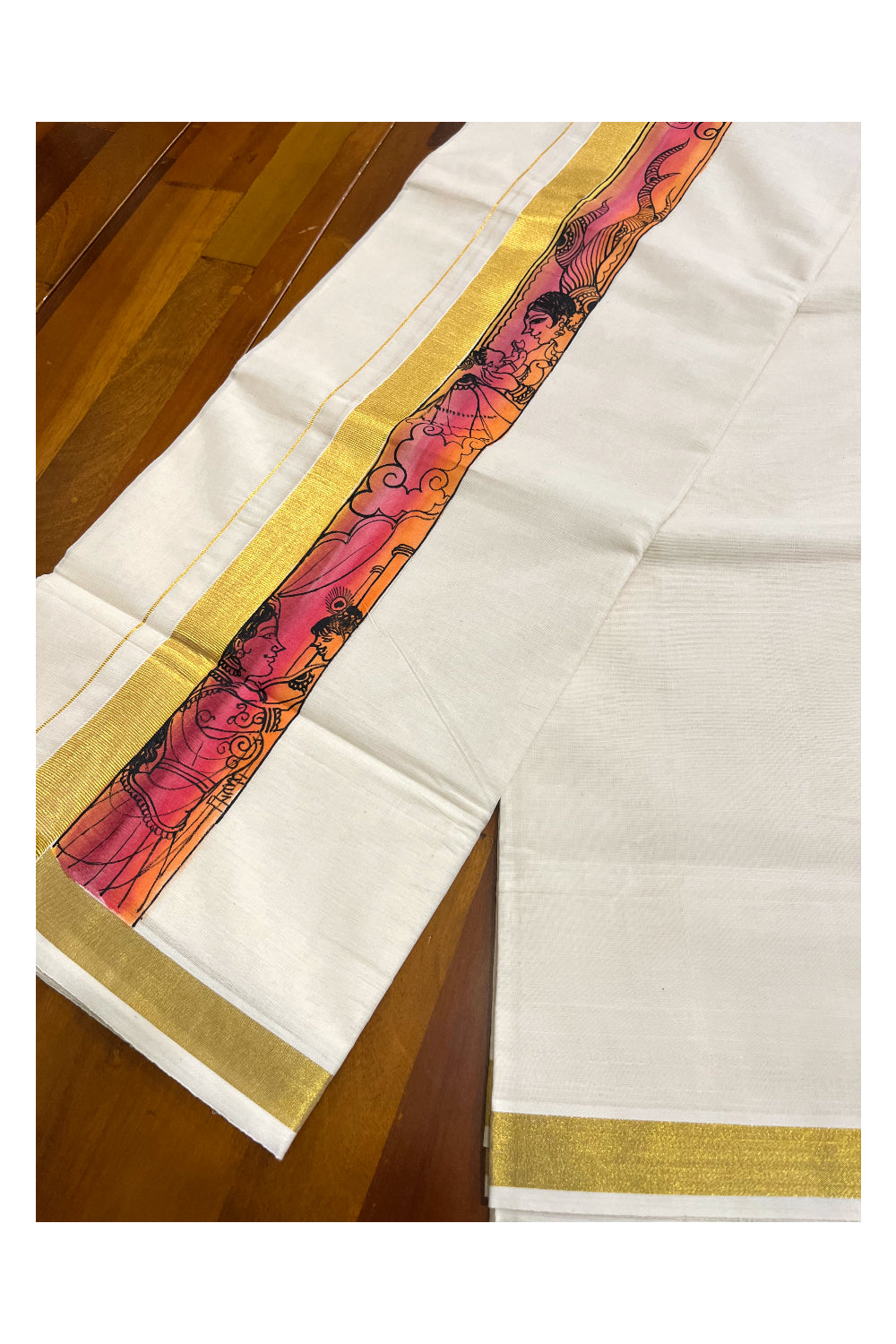 Kerala Pure Cotton Double Mundu with Mural Hand Painted Design on Kasavu Border (South Indian Kerala Dhoti)