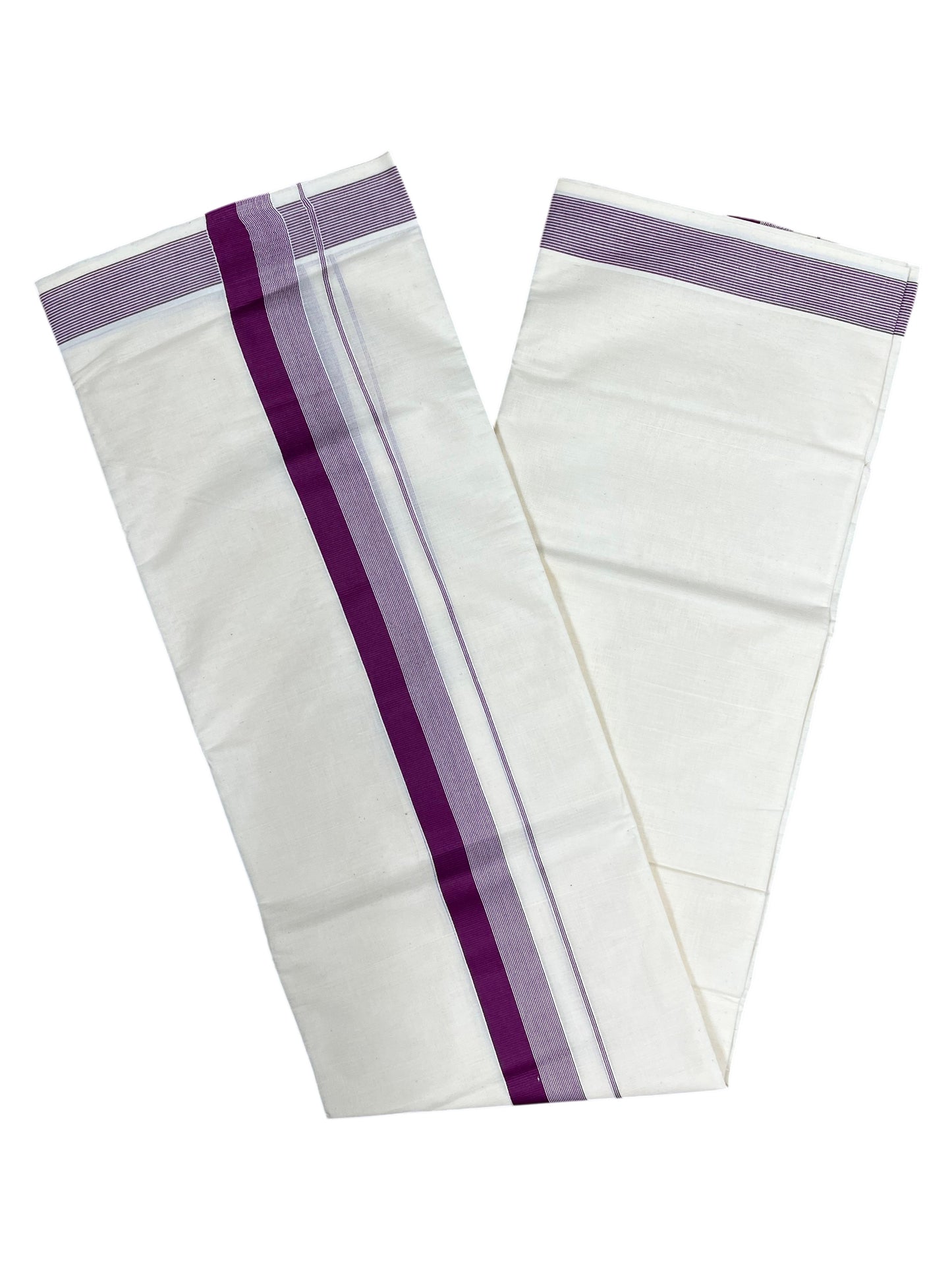 Southloom Kerala Pure Cotton Double Mundu with Purple Lines And Purple Border (South Indian Kerala Dhoti)