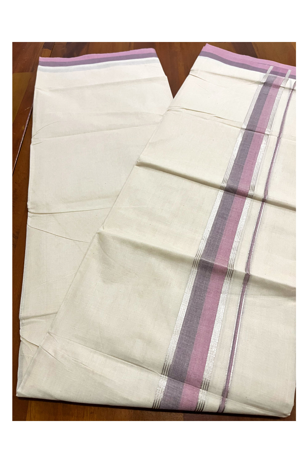 Kerala Pure Cotton Double Mundu with Violet and Silver Kasavu Border (South Indian Kerala Dhoti)