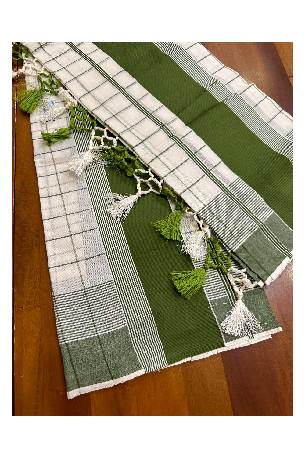 Pure Cotton Kerala Single Set Mundu (Mundum Neriyathum) with Olive Green Check Designs on Body 2.80 Mtrs