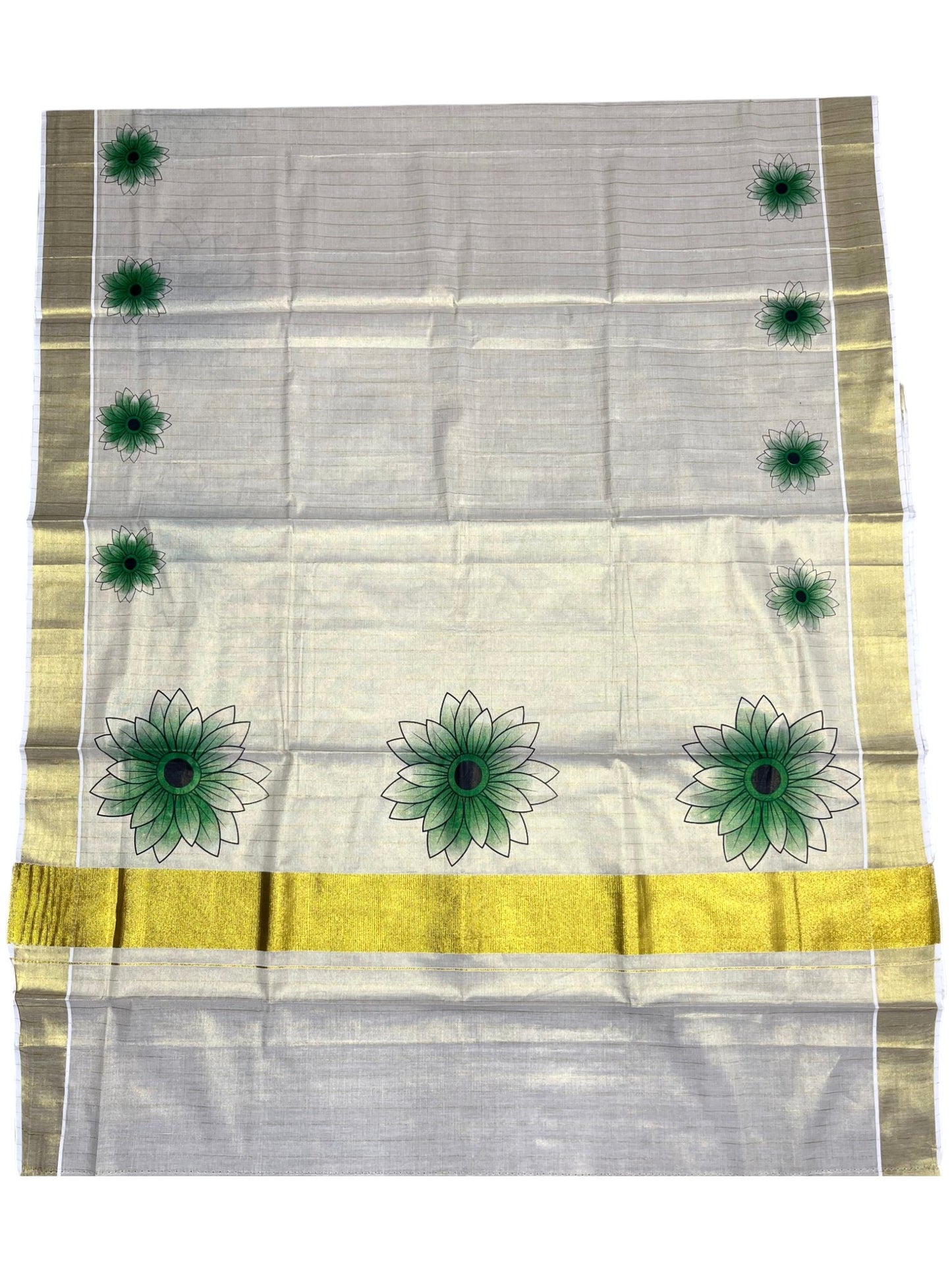 Southloom Kerala Tissue Kasavu Lines Design Saree with Green Floral Prints on Body