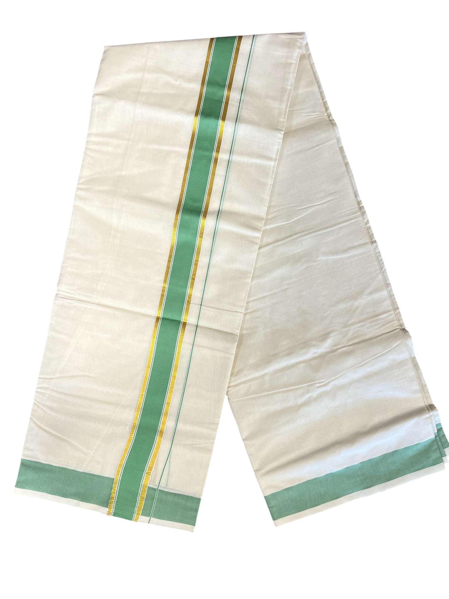 Southloom Pure Cotton Mundu with Gold Kasavu and Green Colour Border (South Indian Kerala Dhoti)