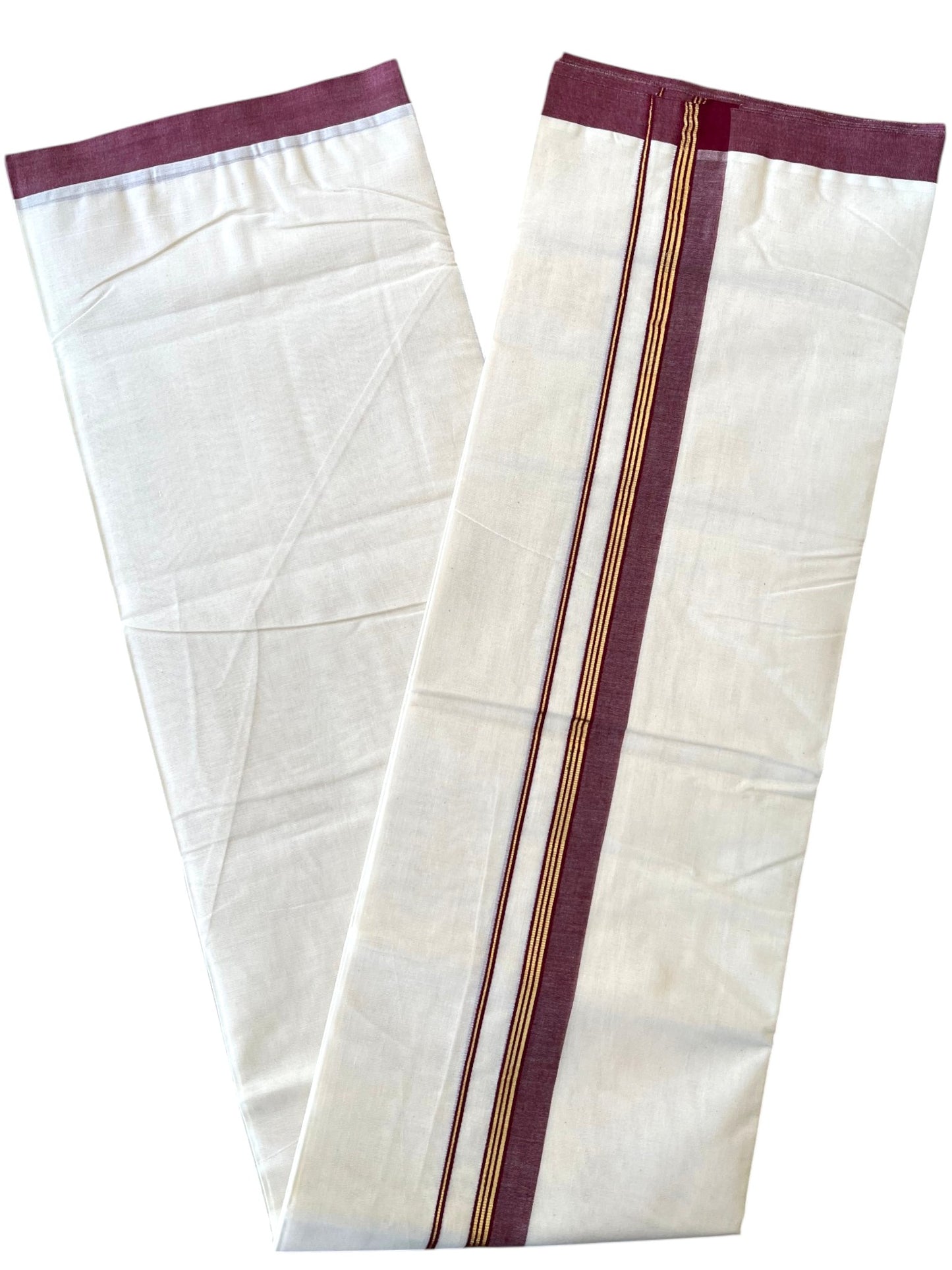 Southloom Pure Cotton Mundu with Golden Lines and Purple Border (South Indian Kerala Dhoti)