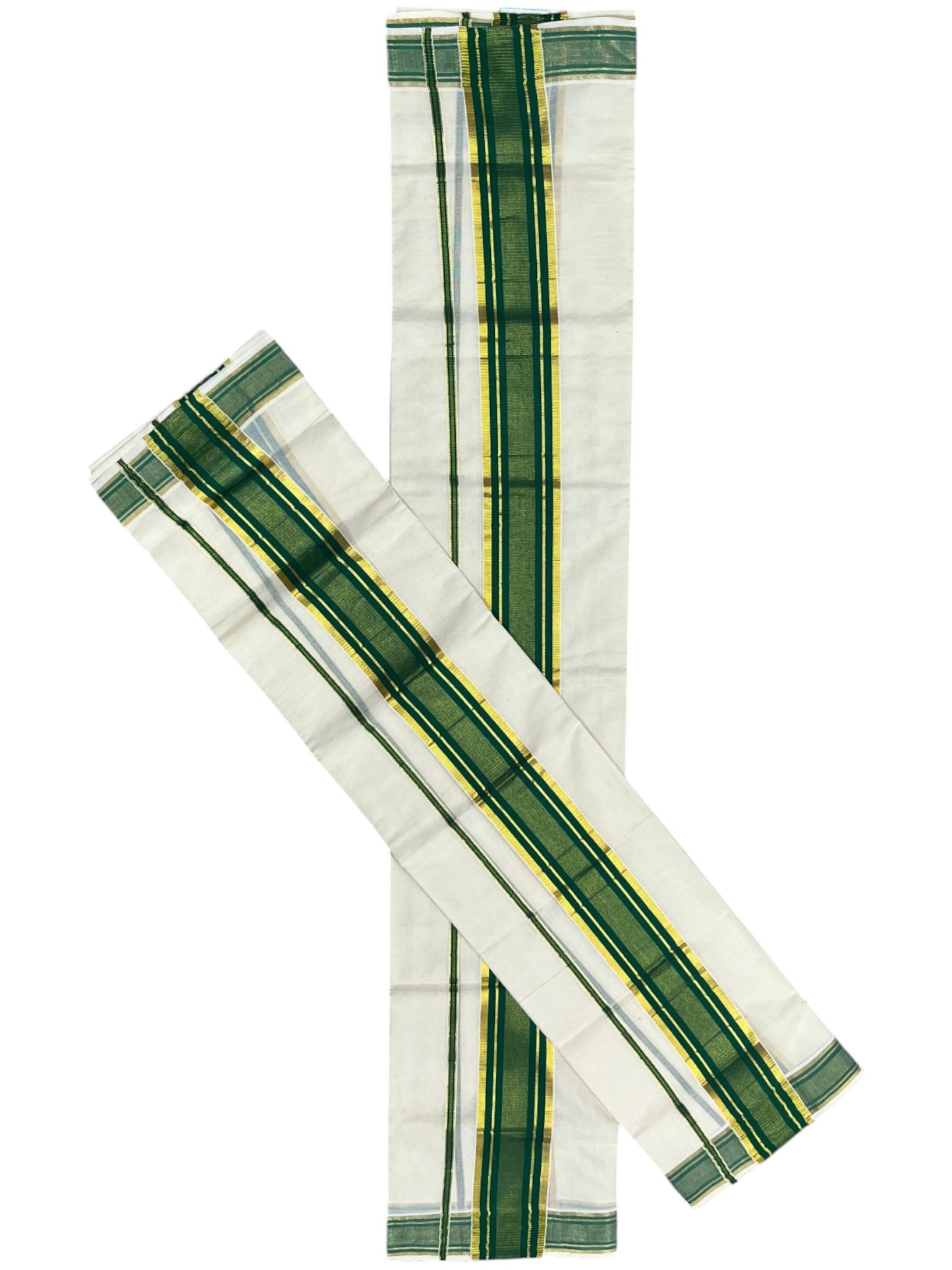 Southloom Kerala Cotton Kasavu Single Set Mundu (Mundum Neriyathum) with Green Kasavu Border SLKK