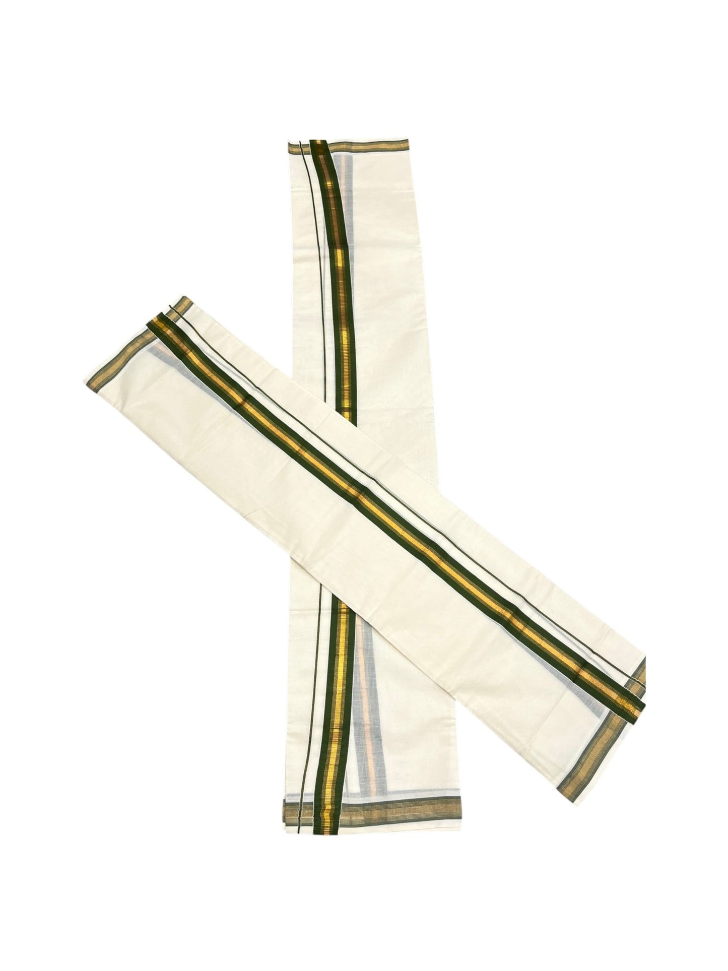Southloom Kerala Cotton Single Set Mundu (Mundum Neriyathum) with Kasavu and Olive Green Border