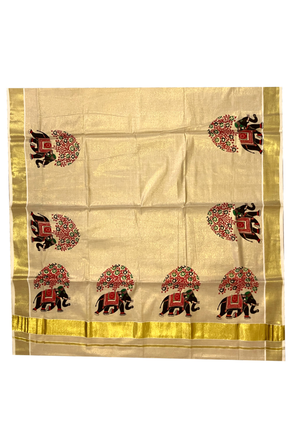 Kerala Tissue Kasavu Saree with Black and Red Elephant Mural Prints on Border and Pallu