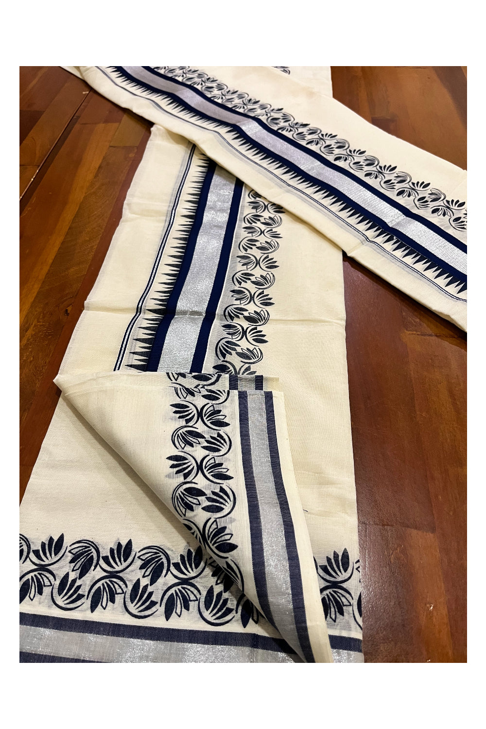 Kerala Pure Cotton Set Mundu Single (Mundum Neriyathum) with Dark Blue Floral Temple Block Prints on Silver Kasavu Border