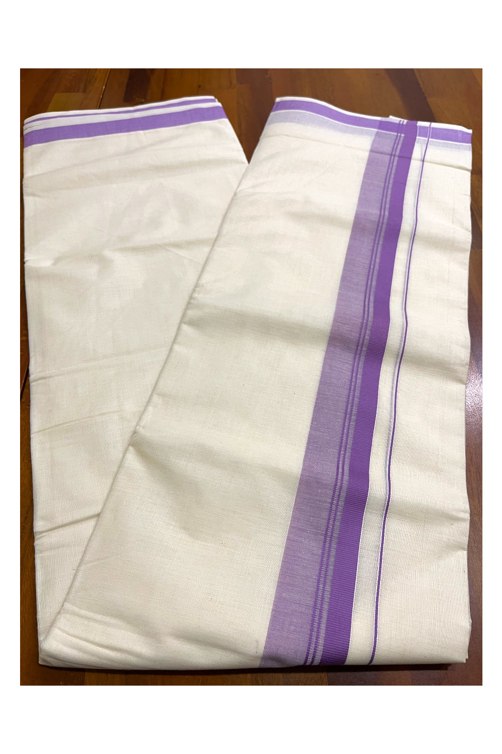 Off White Pure Cotton Kerala Mundu with Violet Kara (South Indian Kerala Dhoti)