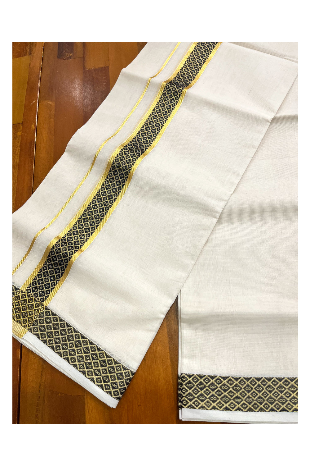 Premium Balaramapuram Handloom Unakkupaavu Cotton Double Mundu with Kasavu and Black Design Border (Vishu 2024 Collection)