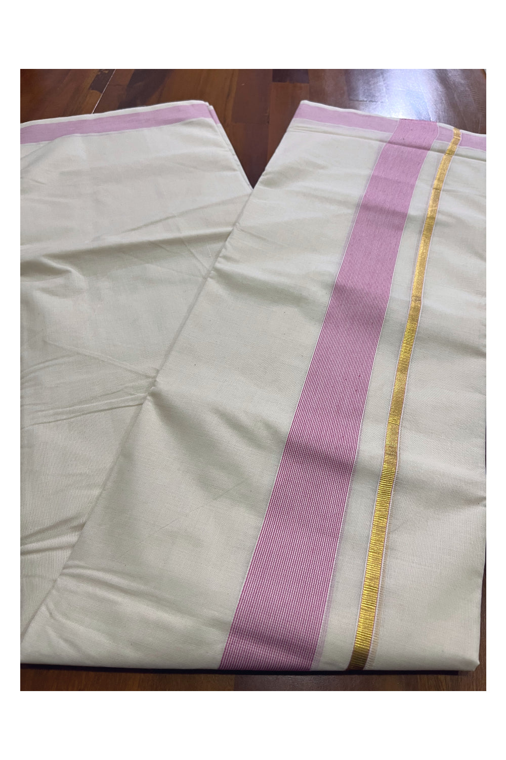 Pure Cotton Mundu with Pink Lines and Kasavu Border (South Indian Kerala Dhoti)