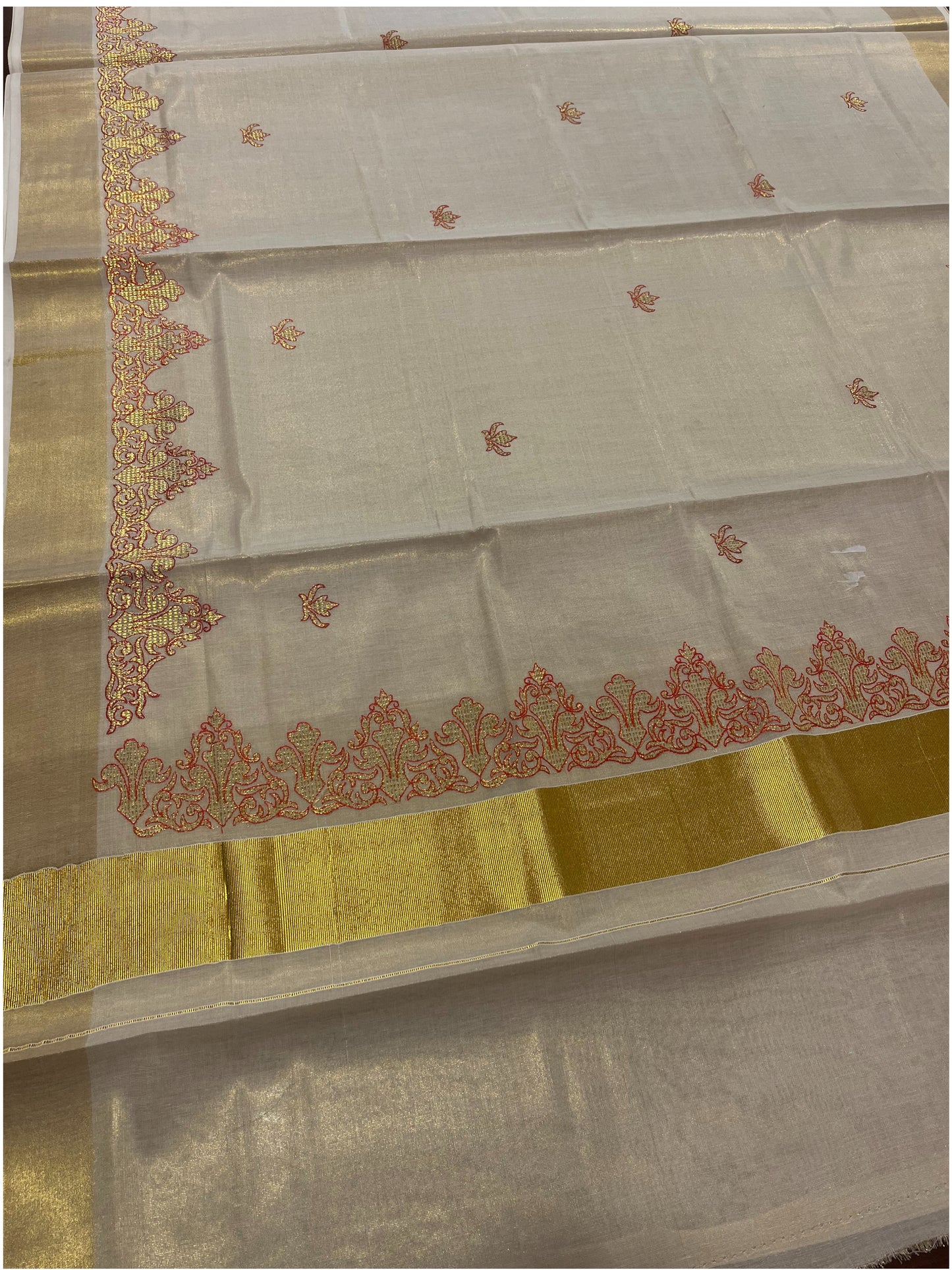 Southloom Kerala Tissue Kasavu Plain Saree with Red Embroidery Works