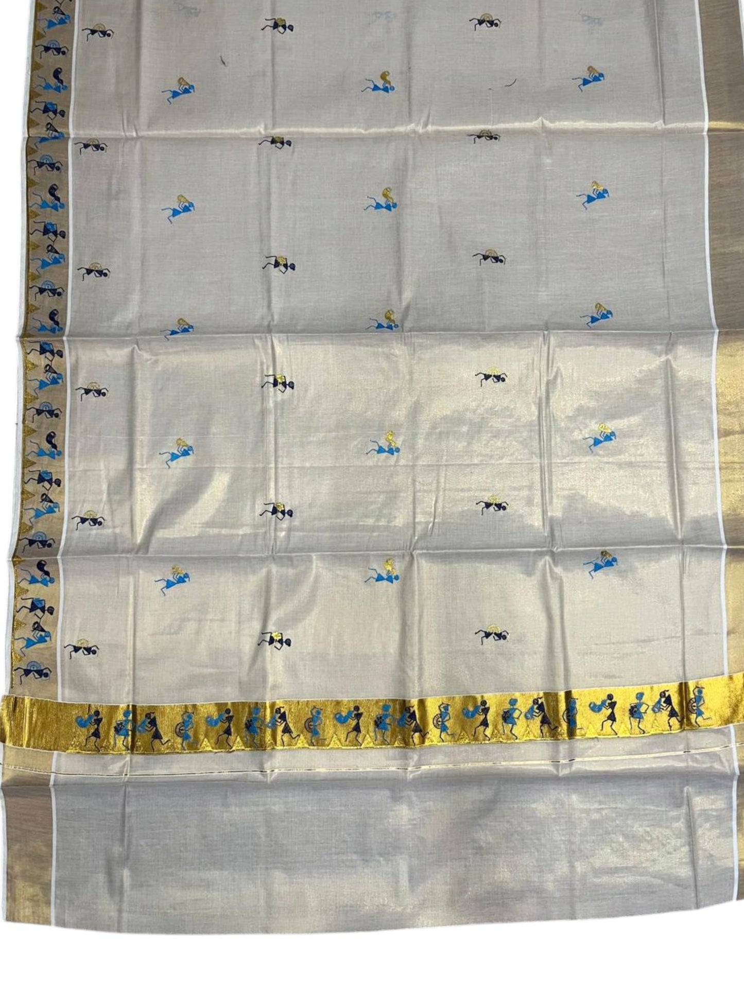 Southloom Kerala Tissue Kasavu Saree with Tribal Folk Art Embroidery Work on Body