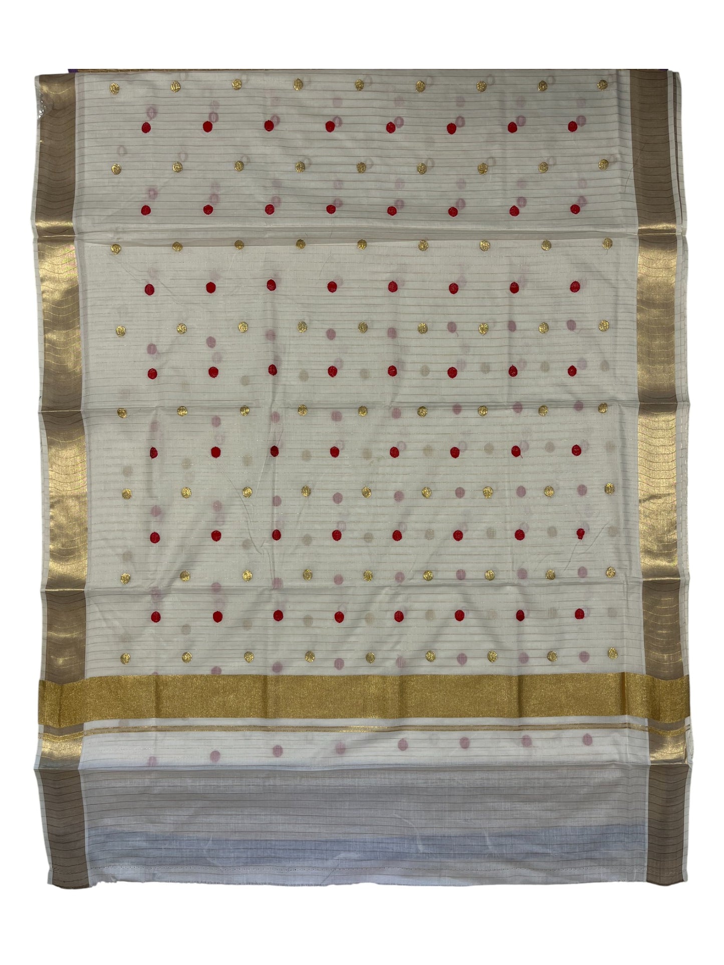 Southloom Kerala Pure Cotton Saree with Gold&Red Polka Embroidery Works on Body