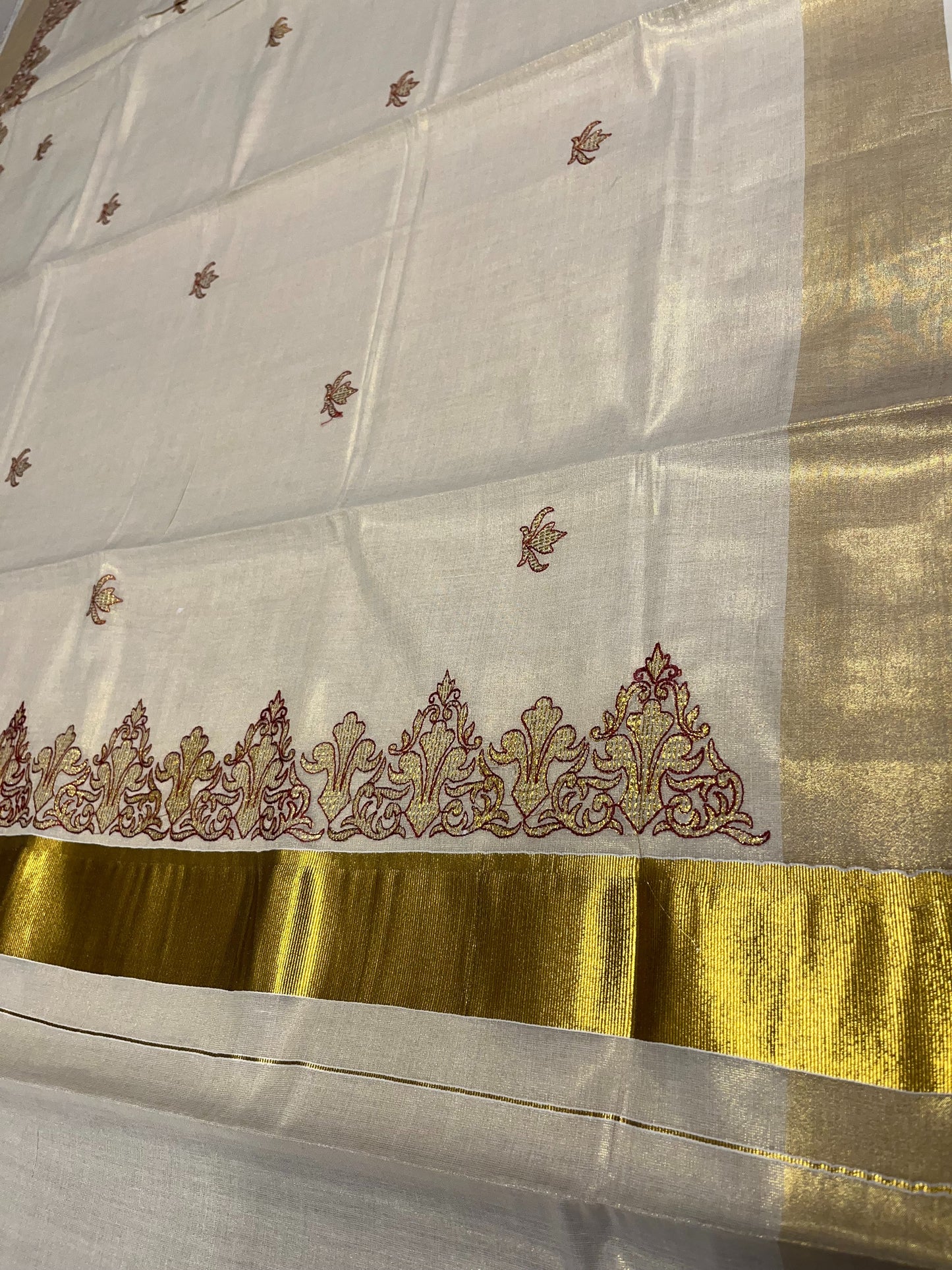 Southloom Tissue Kerala Kasavu Saree with Maroon Floral Print on Border