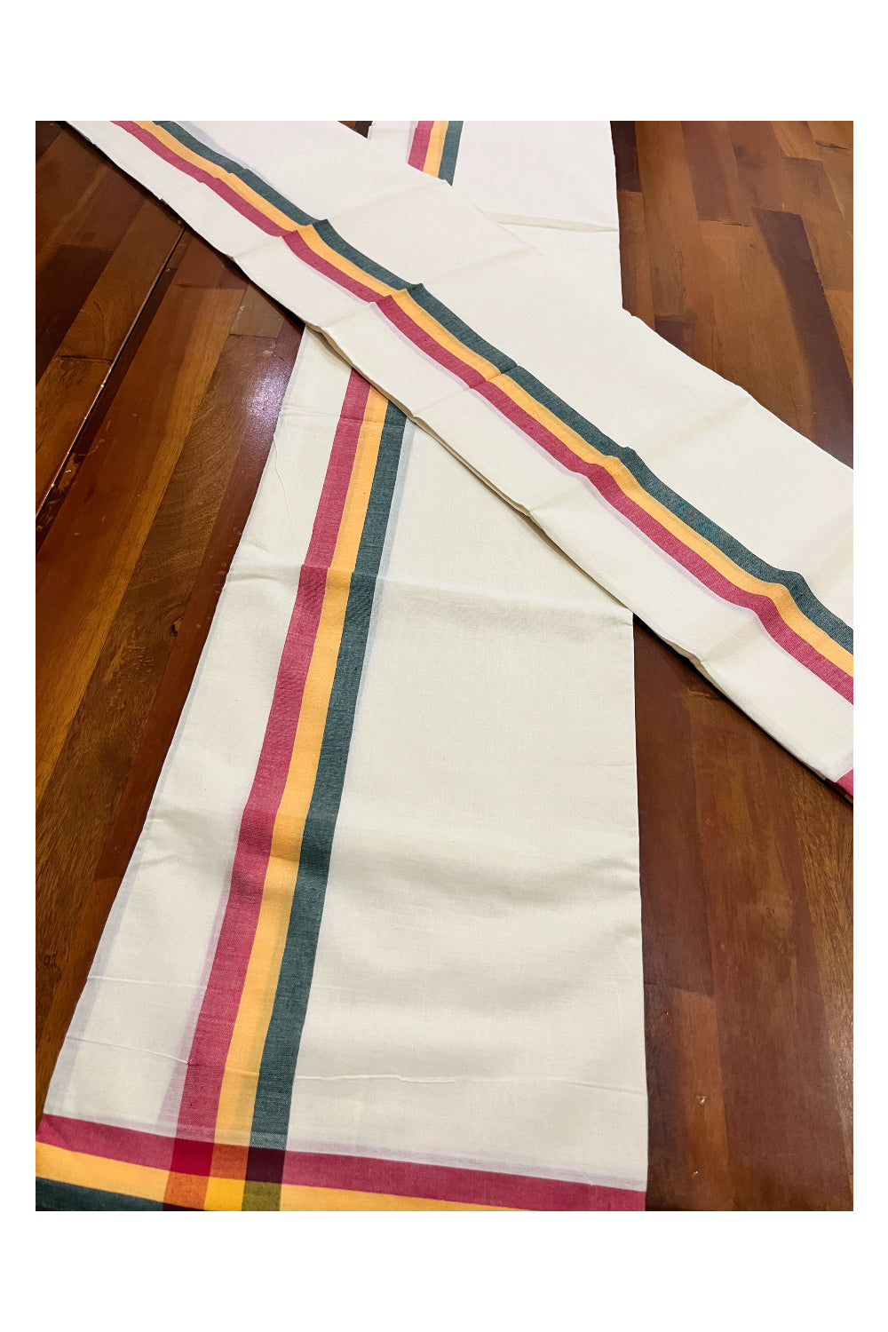 Kerala Mulloth Cotton Single Mundum Neriyathum with Red Yellow Green Border 2.80 Mtrs (Extra Soft Cotton)