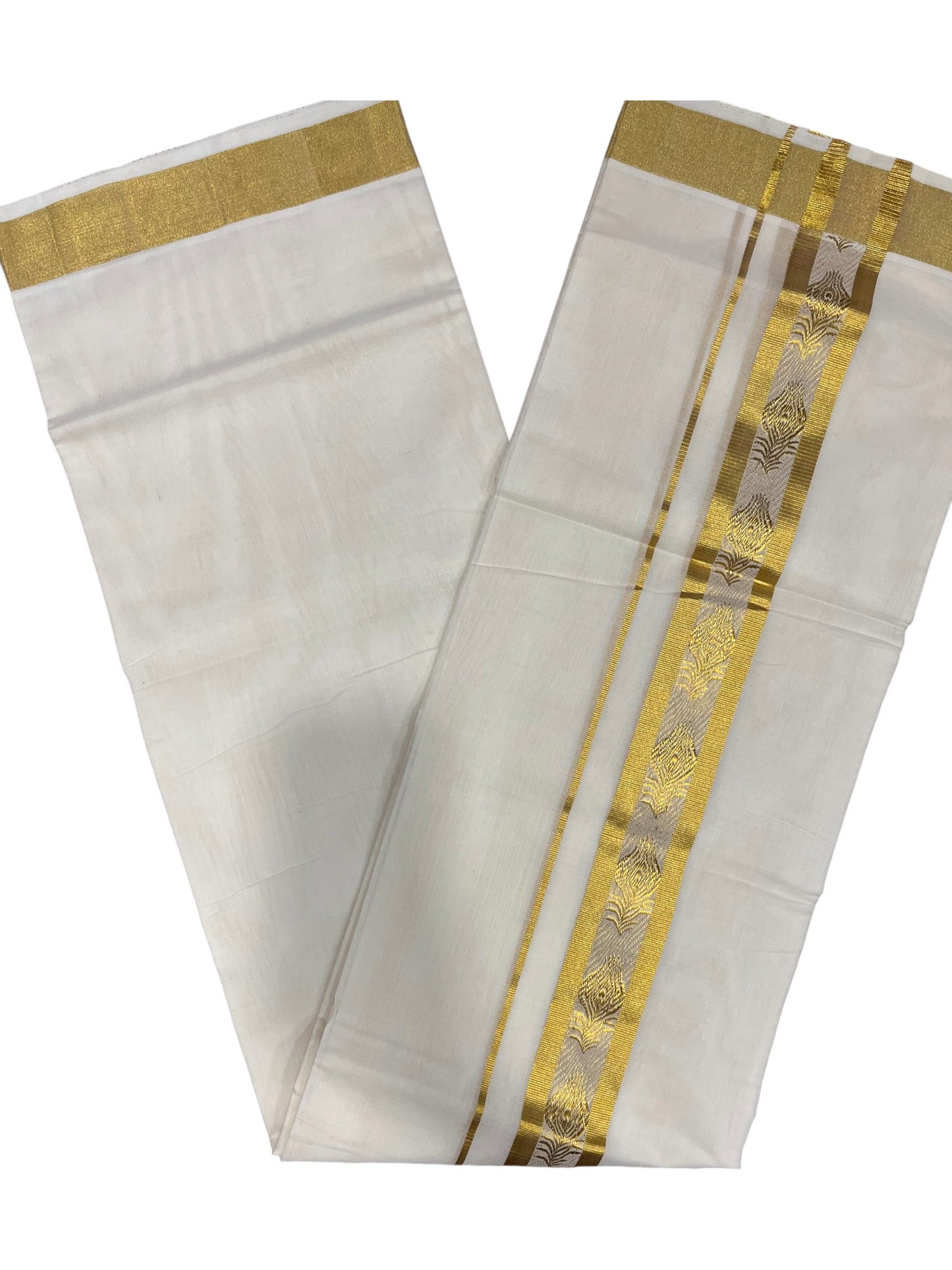 Southloom Premium Handloom Cotton Double Mundu with Gold And Woven Work Kasavu Border