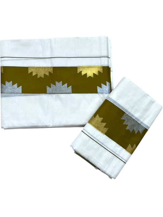Southloom Pure Cotton Single Set Mundu (Mundum Neriyathum) Temple Design & Olive Green Border 2.80 Mtrs SL631