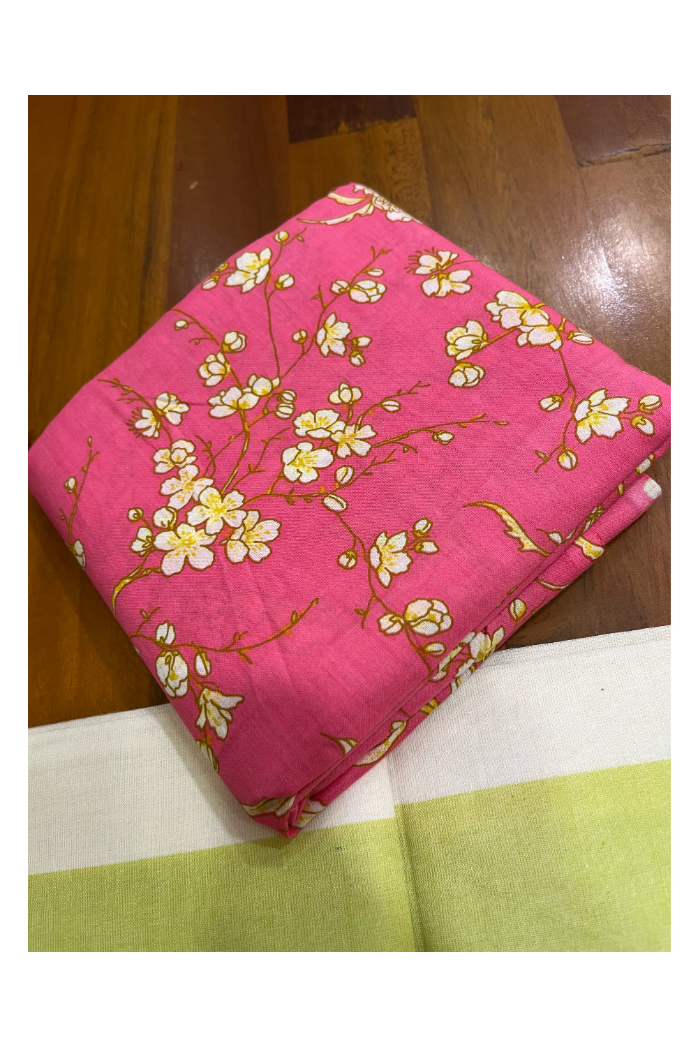 Southloom Mulloth Soft Cotton Light Green Border Set Mundu with Jaipur Printed Blouse Piece (2.60 M Neriyathu / Blouse 1 Meter)