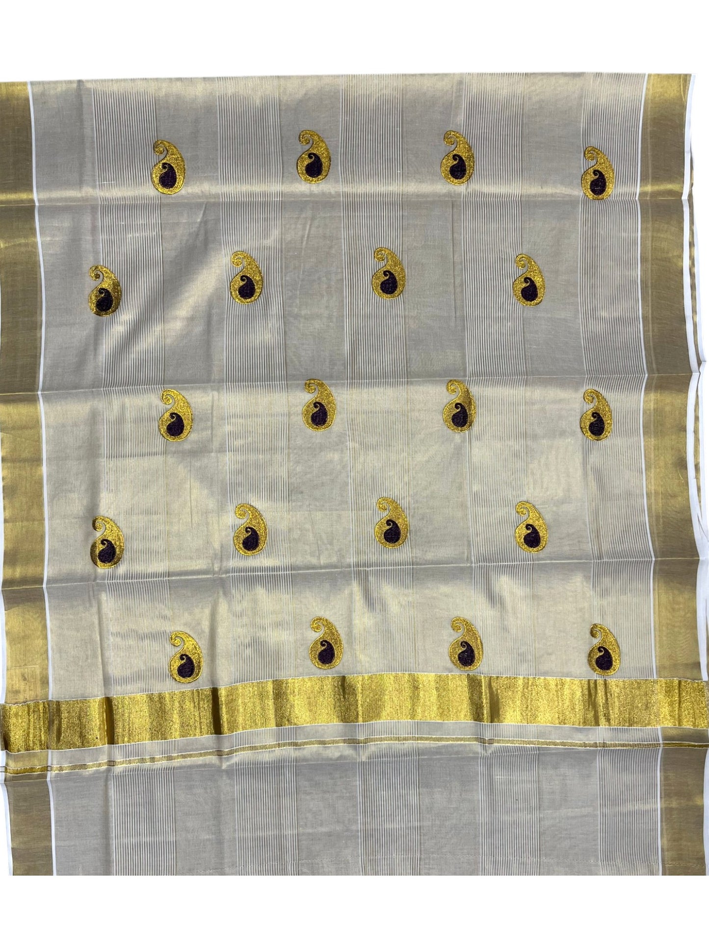 Southloom Kerala Tissue Kasavu Saree with Purple Embroidery Design