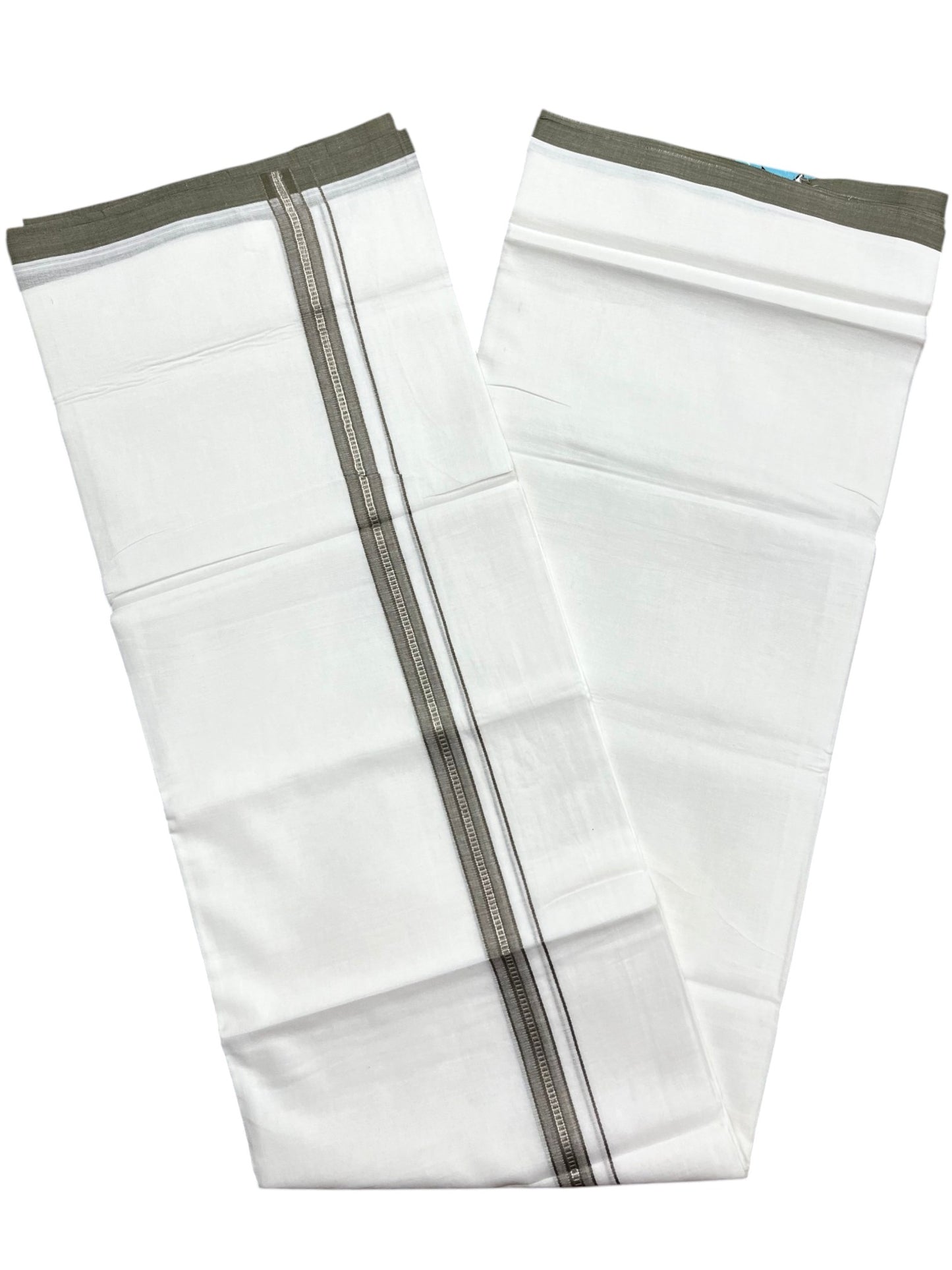 Southloom Pure White Cotton Mundu with Olive Green & Silver Line Border (South Indian Kerala Dhoti)
