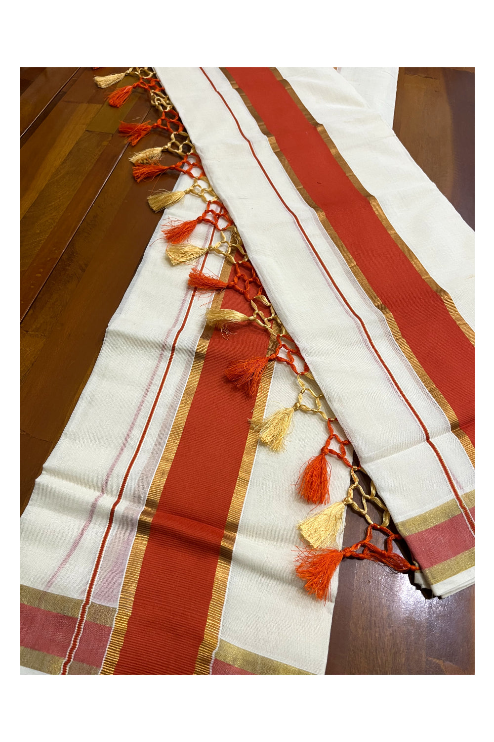 Cotton Kerala Set Mundu (Mundum Neriyathum) with Orange and Kasavu Border and Tassels