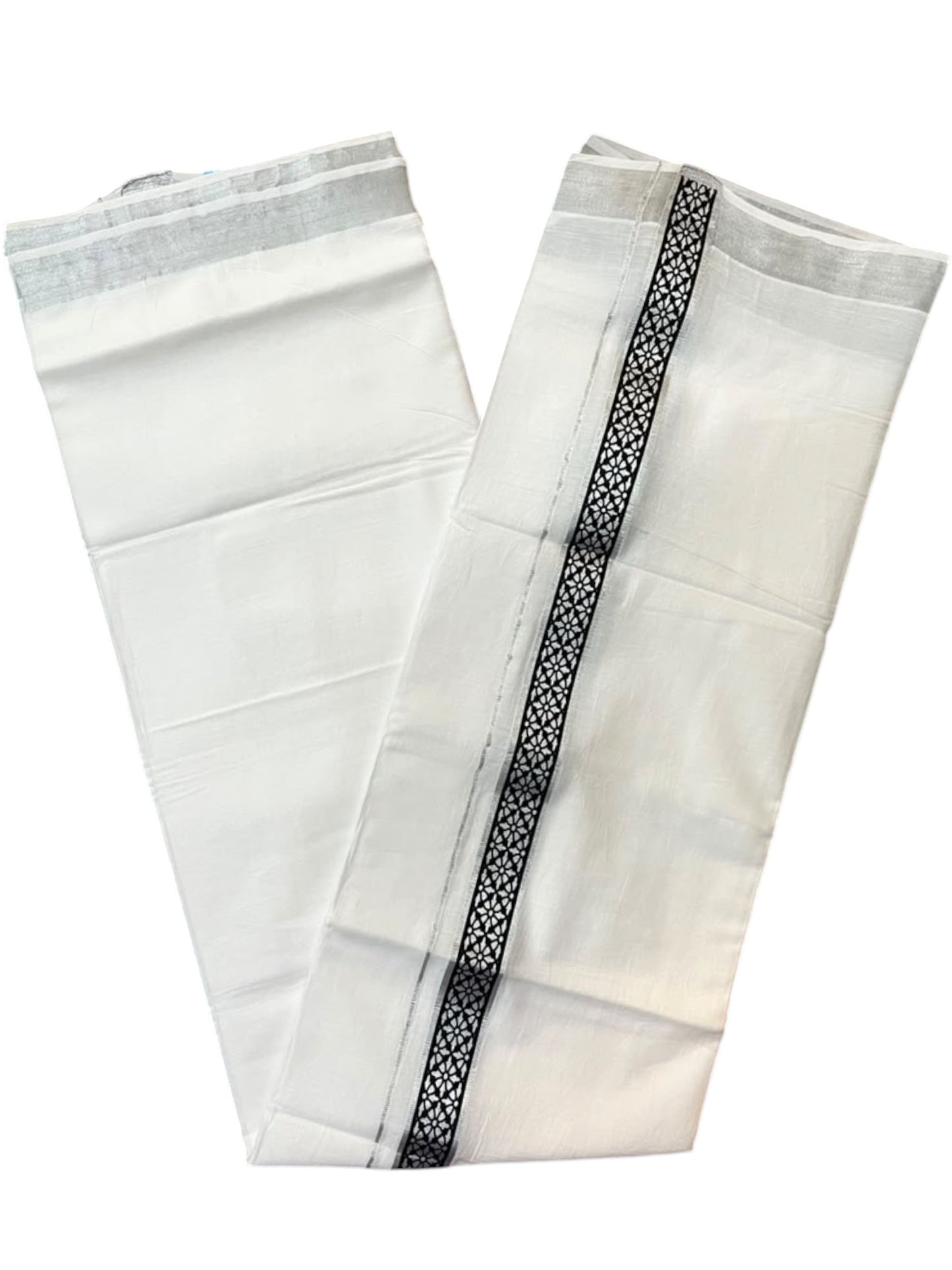 Southloom Pure White Cotton Mundu with Black and Silver Kasavu Border (South Indian Kerala Dhoti)