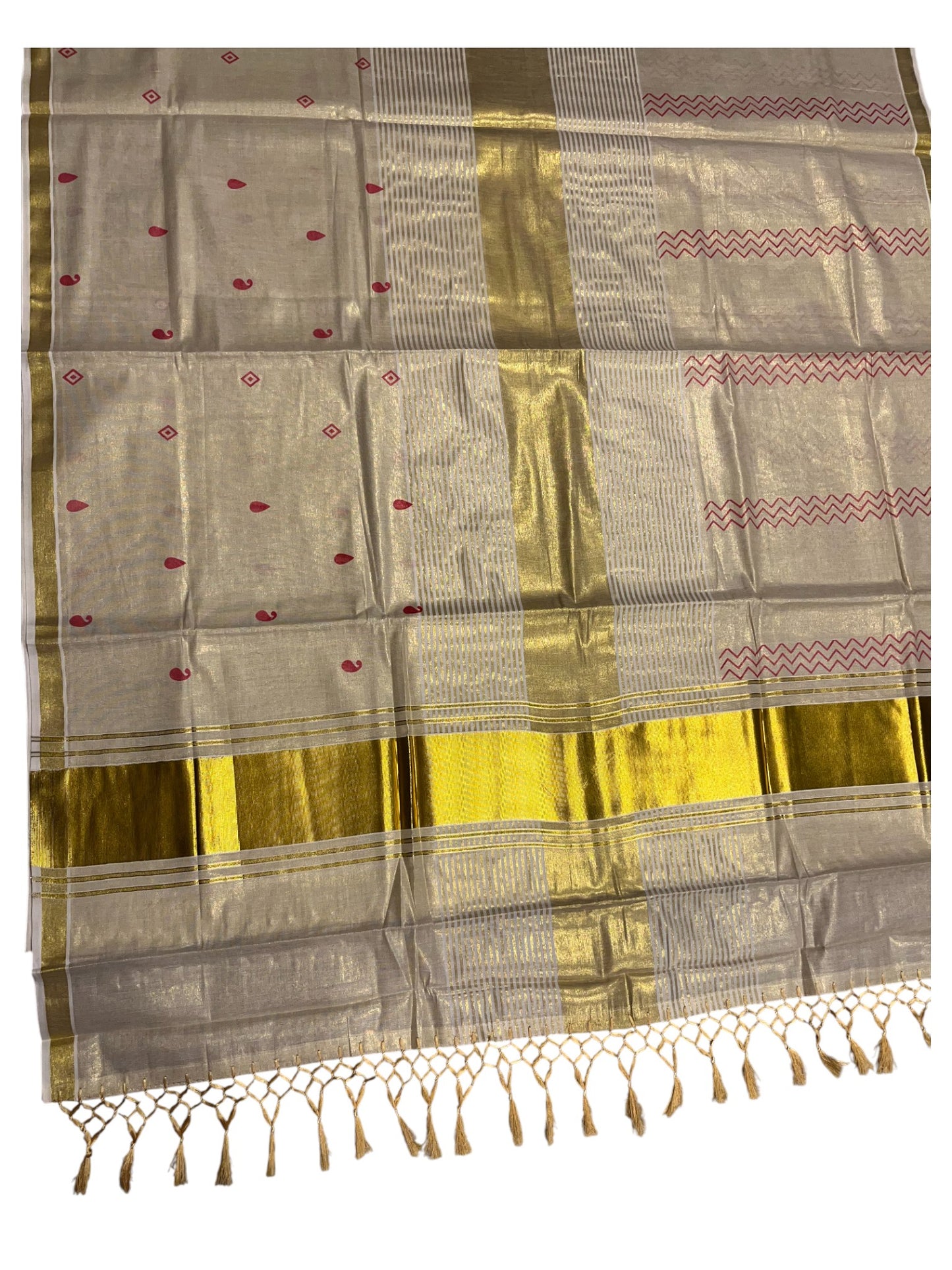 Southloom Kerala Tissue Kasavu Saree Red Hand Printed