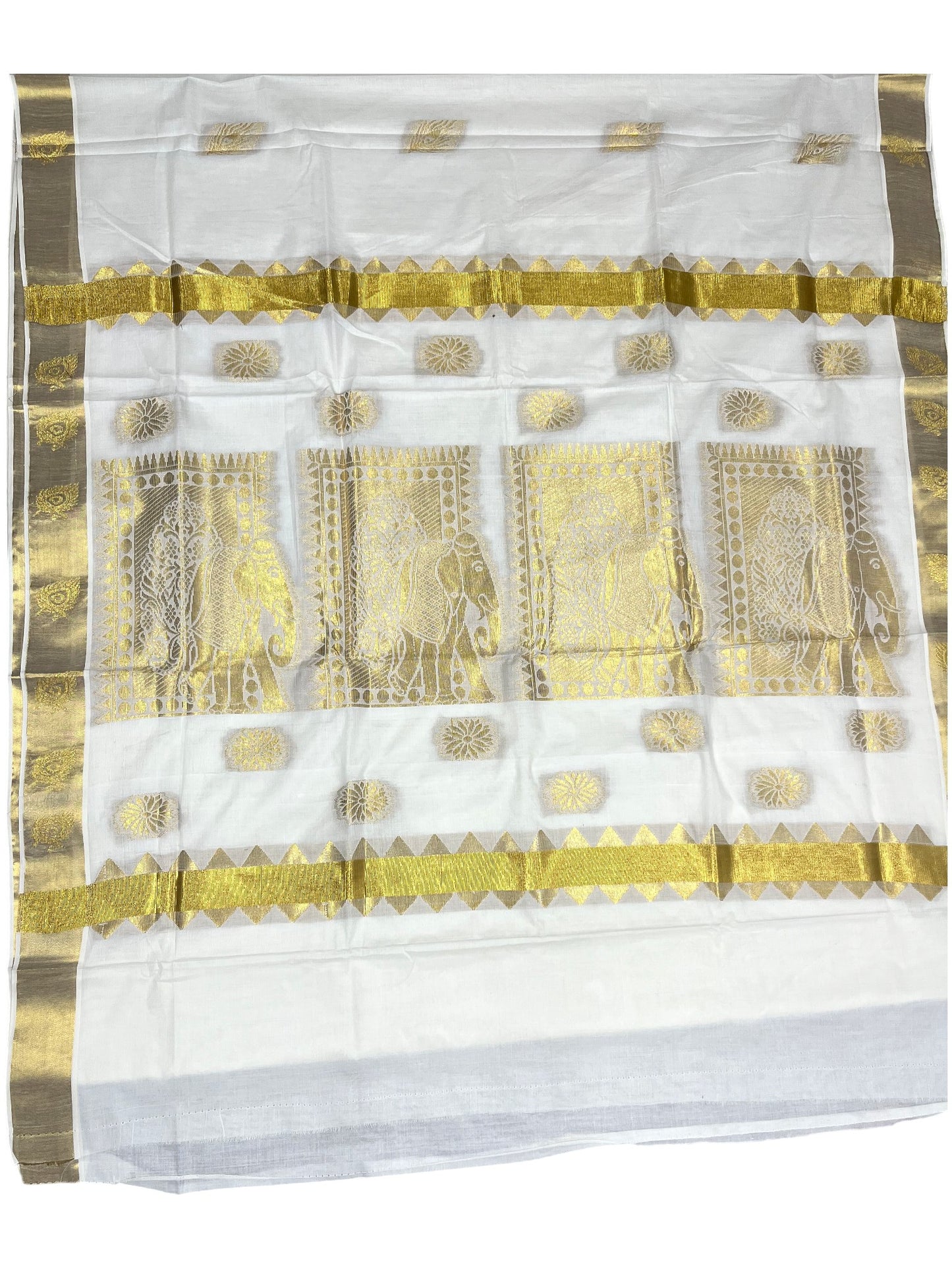 Southloom Kerala Pure Cotton Saree with Floral & Peacock Feather Woven Work on Body