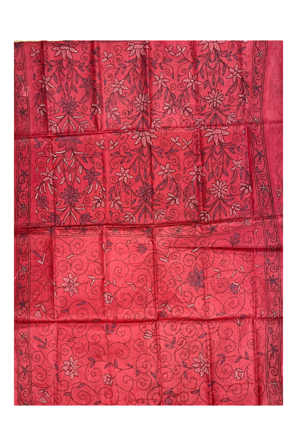 Southloom Kantha Thread Work Designer Pinkish Red Saree