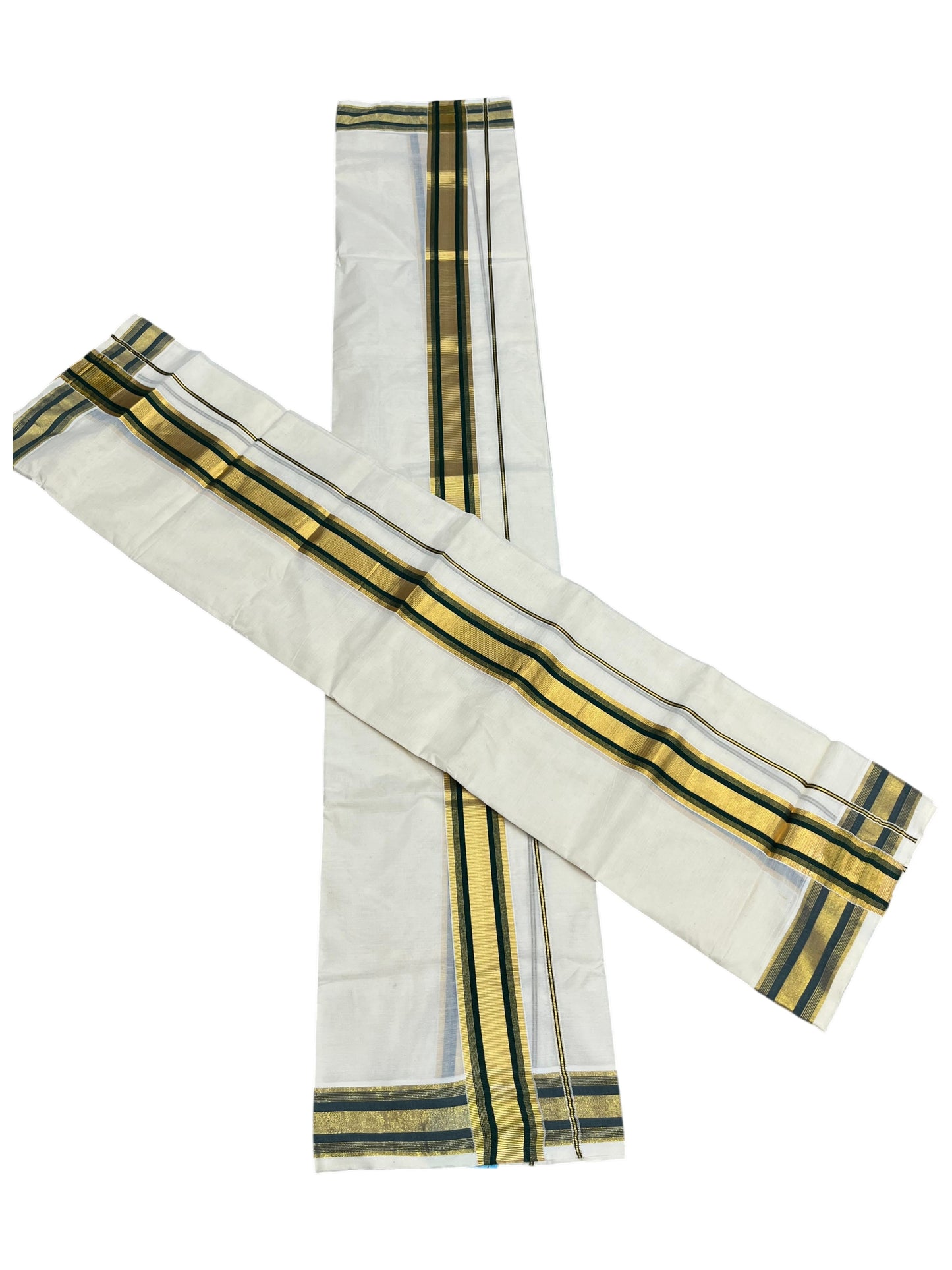Southloom Pure Cotton Kerala  Set Mundu (Mundum Neriyathum) Single with Dark Green and Kasavu Border 2.80 Mtrs SLKK