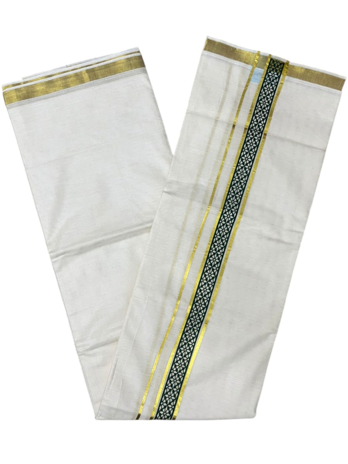 Southloom Pure Cotton Double Mundu with Green Block Printed And Ksavu Border (South Indian Kerala Dhoti)
