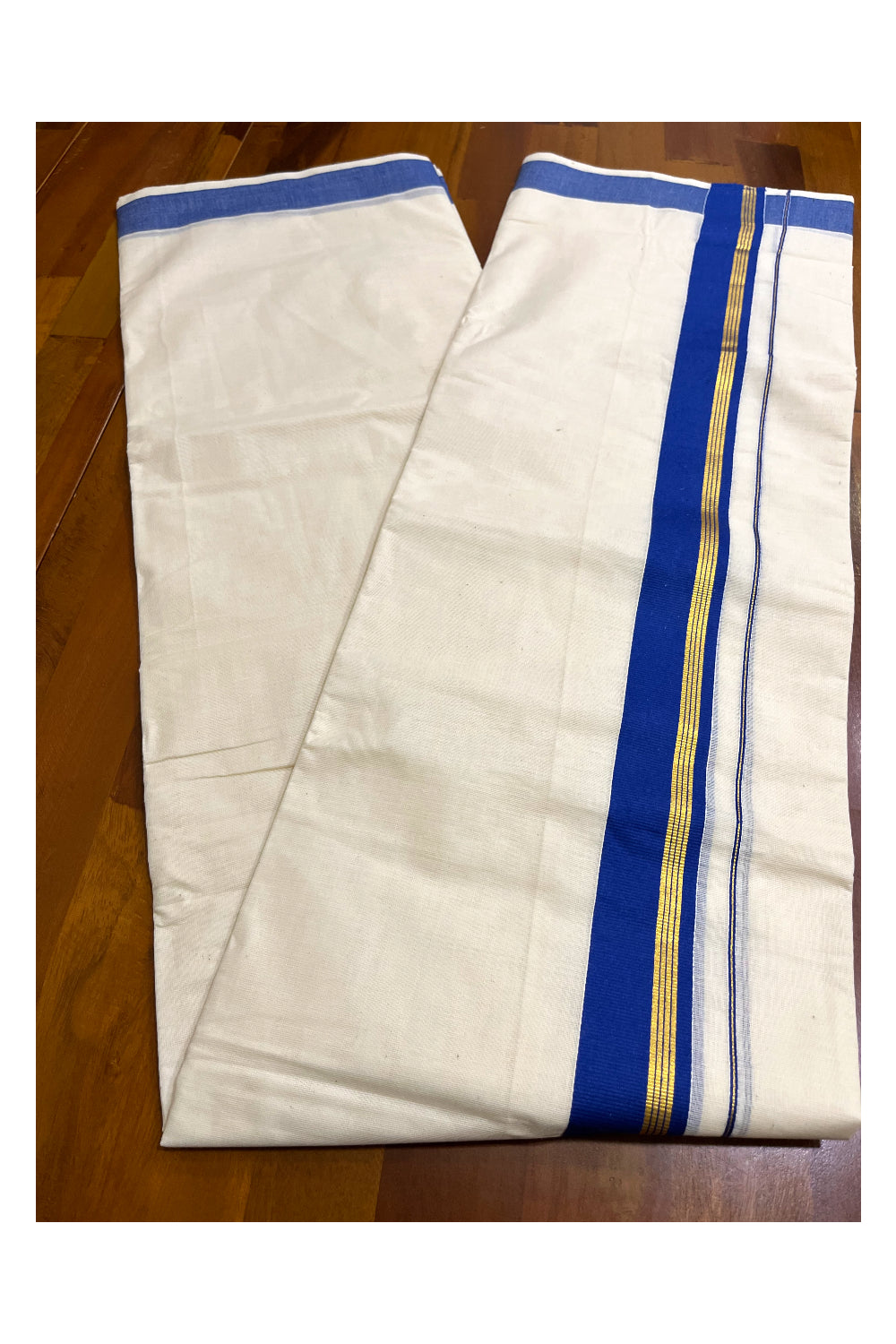 Kerala Pure Cotton Double Mundu with Blue and Kasavu Border (South Indian Kerala Dhoti)