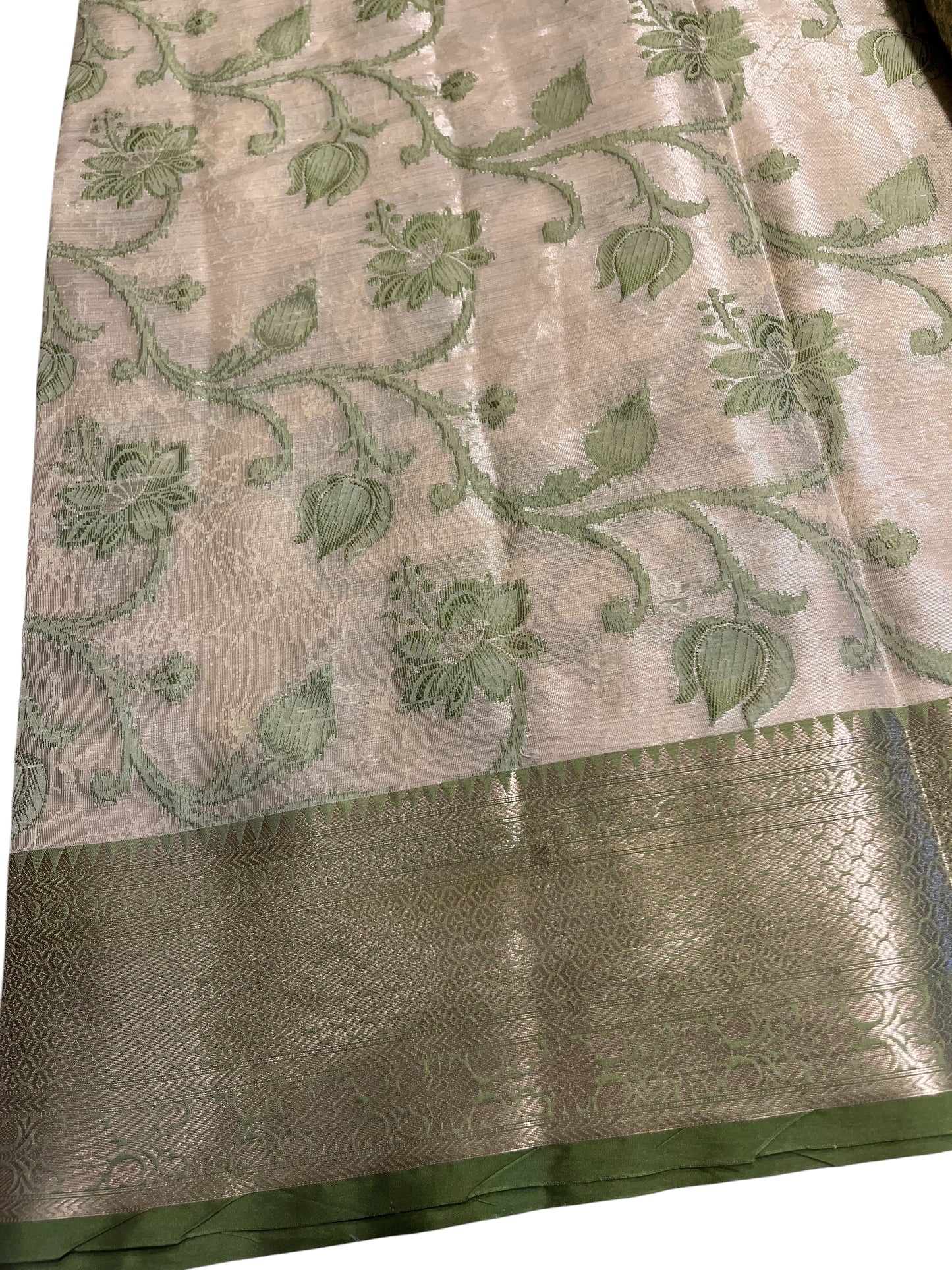 Southloom Tissue Silk Saree with Woven Work on Body and Borders (Beige & Green)
