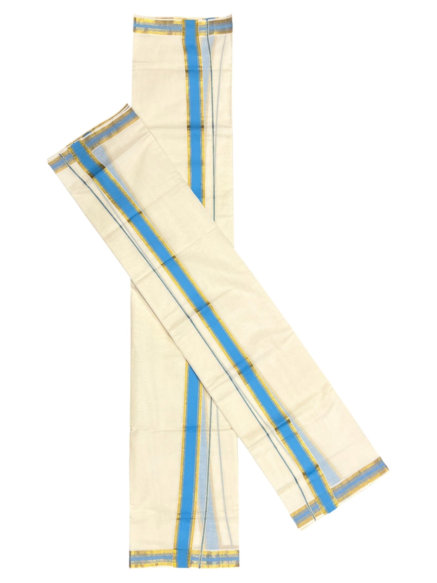 Kerala Cotton Set Mundu (Mundum Neriyathum) with Kasavu and Blue Border