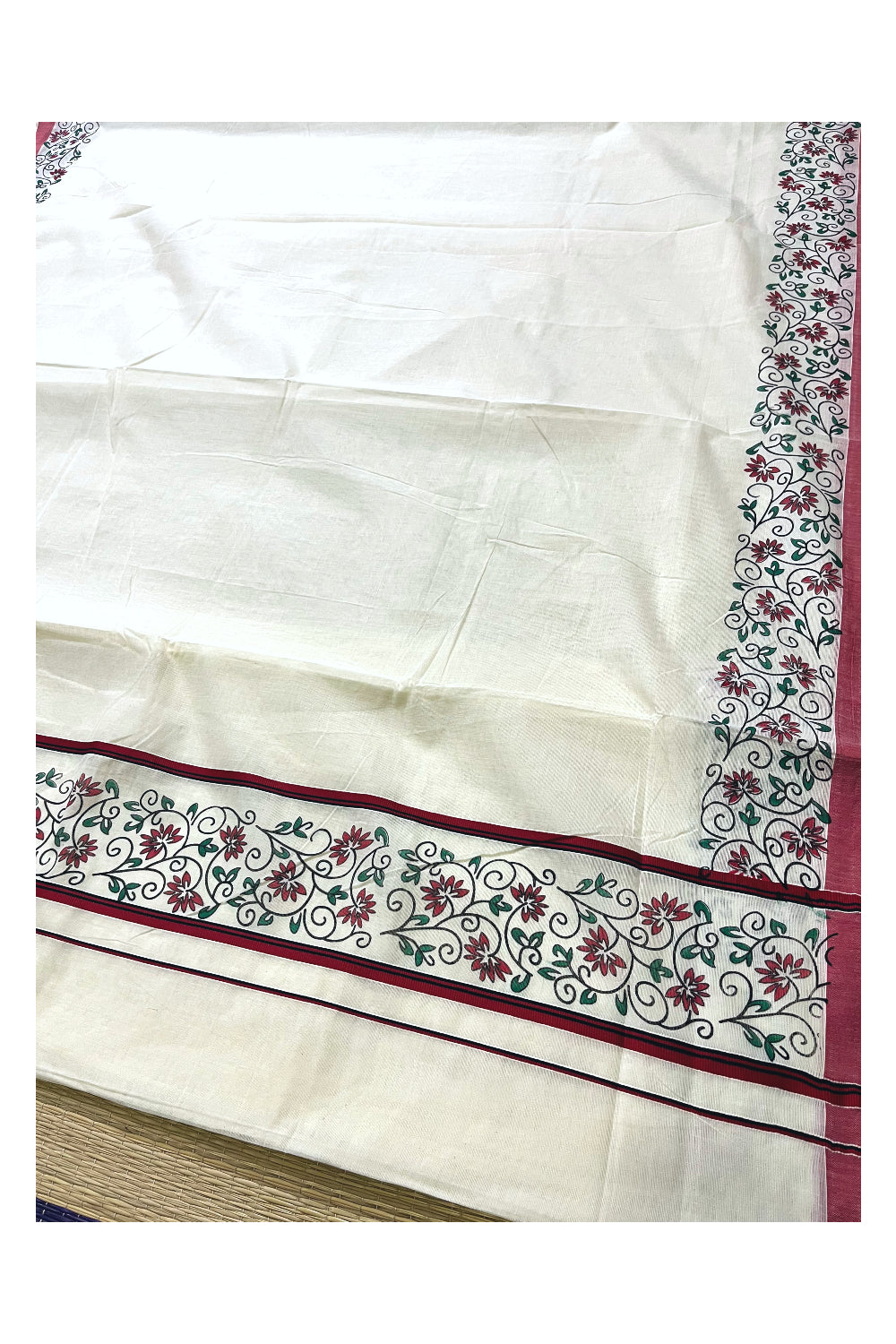 Pure Cotton Kerala Saree with Floral Block Prints and Red Border