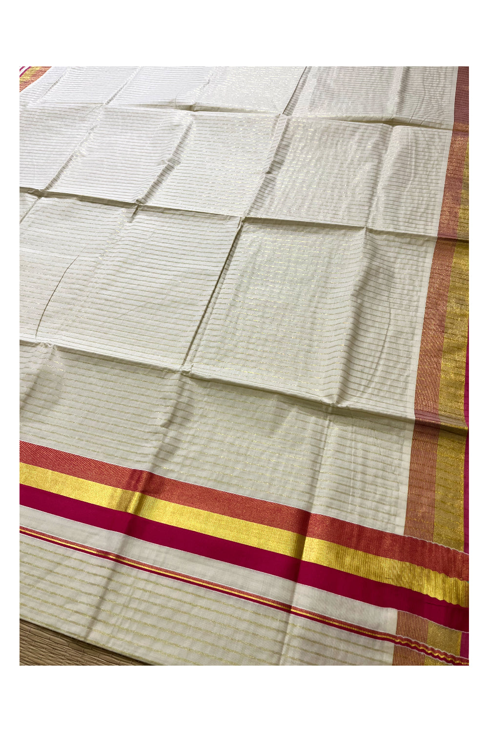 Pure Cotton Kerala Kasavu Lines Design Saree with Pinkish Magenta Border