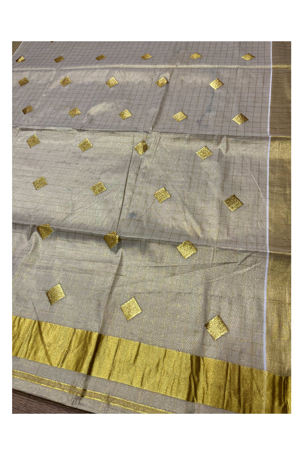 Kerala Tissue Kasavu Checked Saree with Diagonal Woven Designs on Body and Pallu