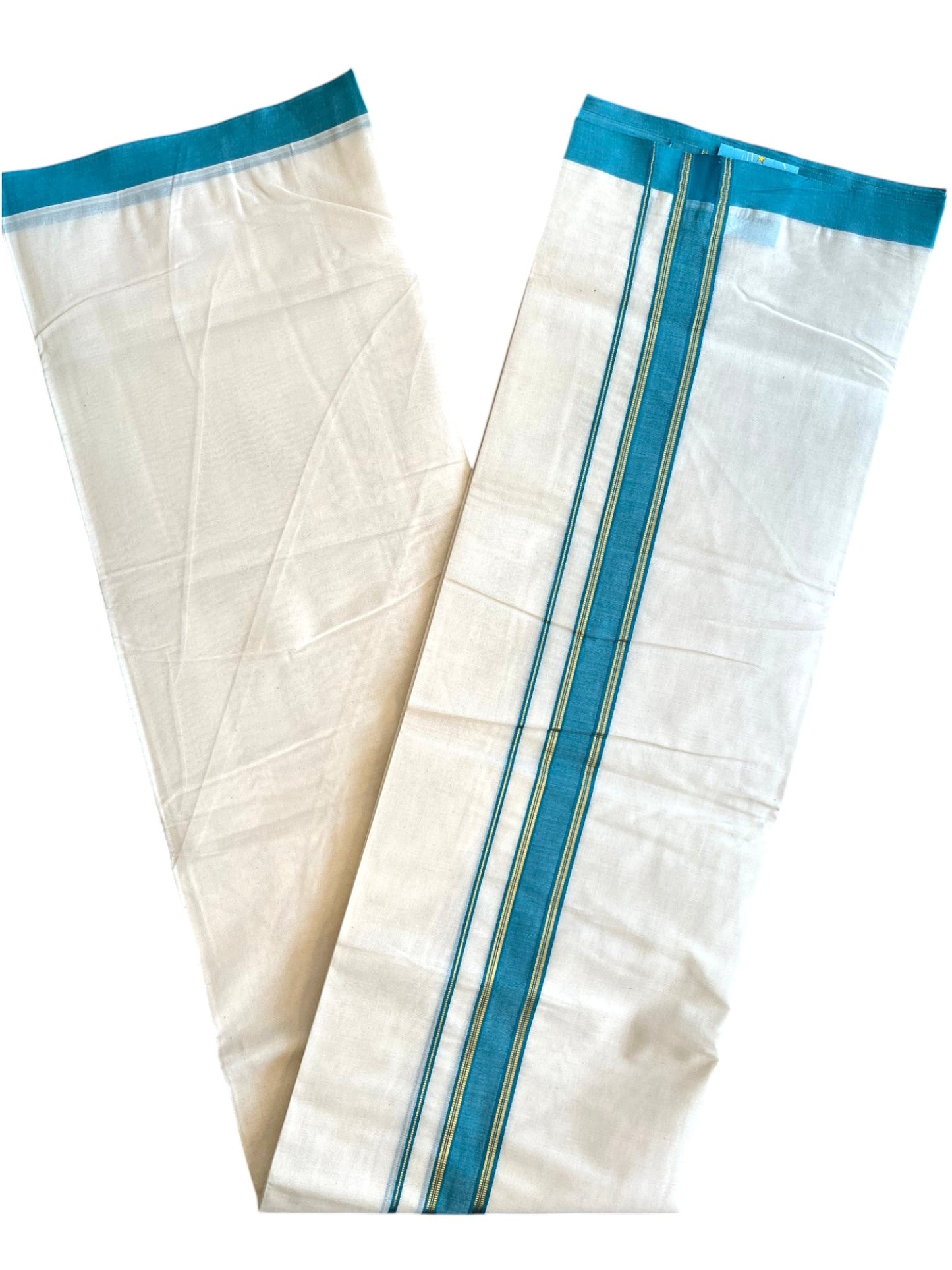 Southloom Pure Cotton Mundu with Golden Lines and Blue Border (South Indian Kerala Dhoti)