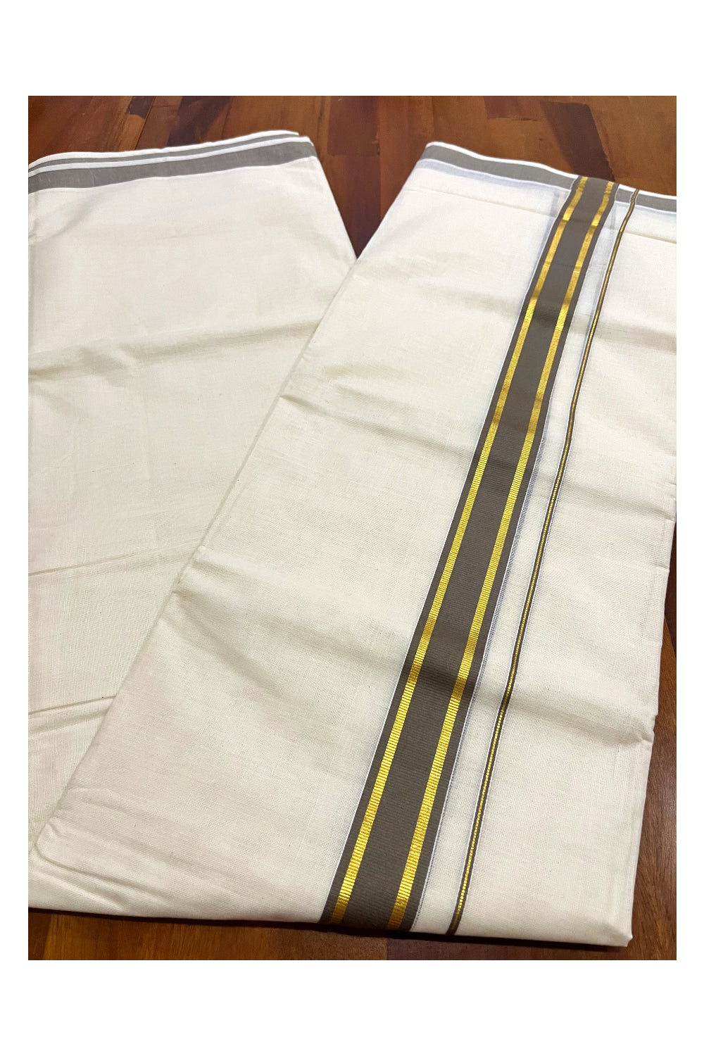 Pure Cotton Mundu with Grey and Kasavu Border (South Indian Kerala Dhoti)