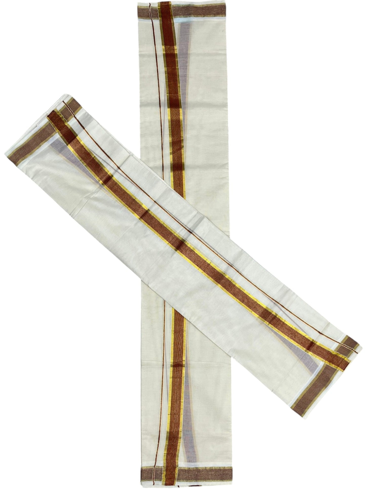 Kerala Cotton Set Mundu (Mundum Neriyathum) with Kasavu and Black & Orange Lines Border 2.80 Mtrs SLKK SL470