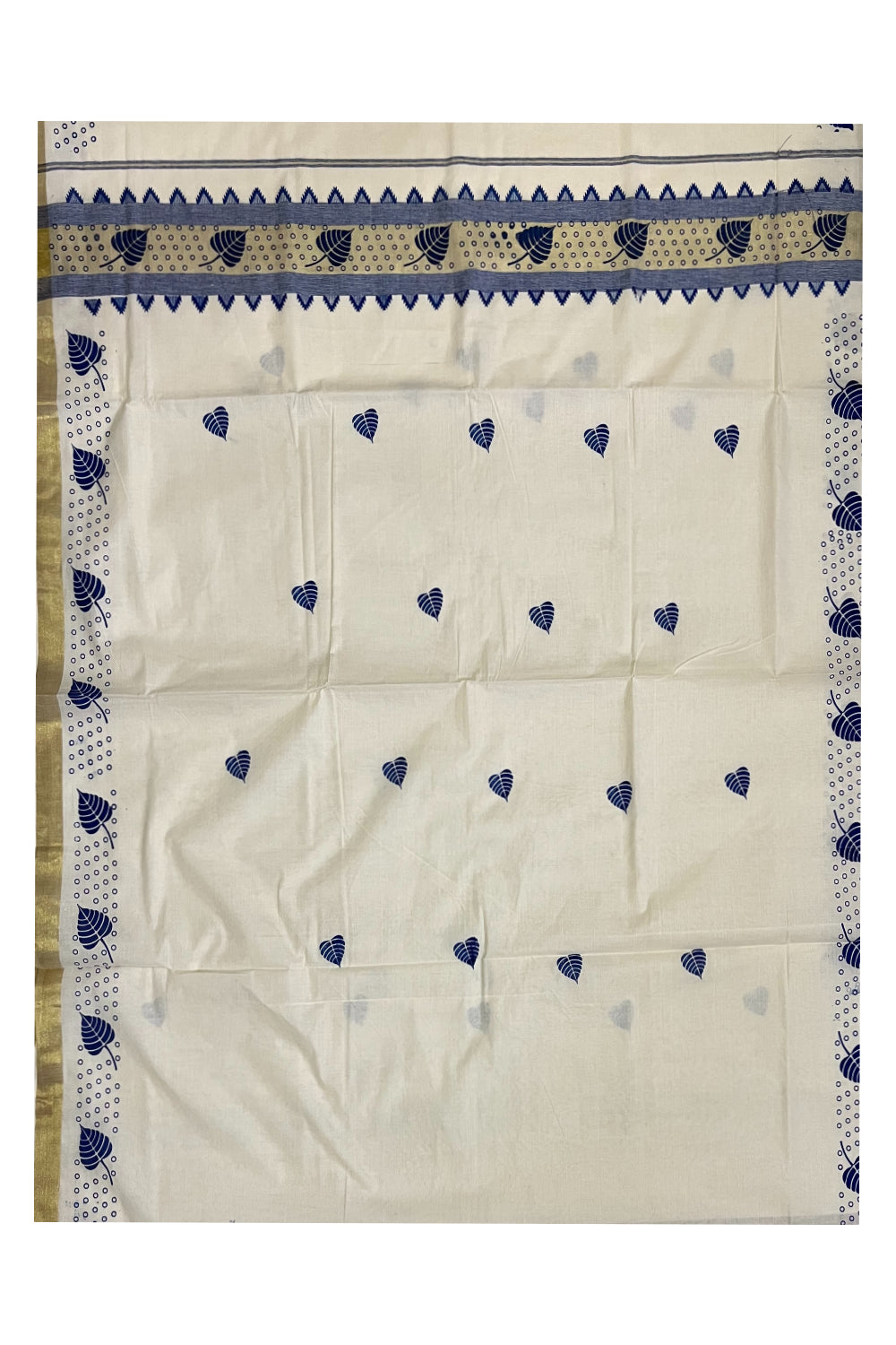 Kerala Cotton Saree with Blue Block Prints on Kasavu Border