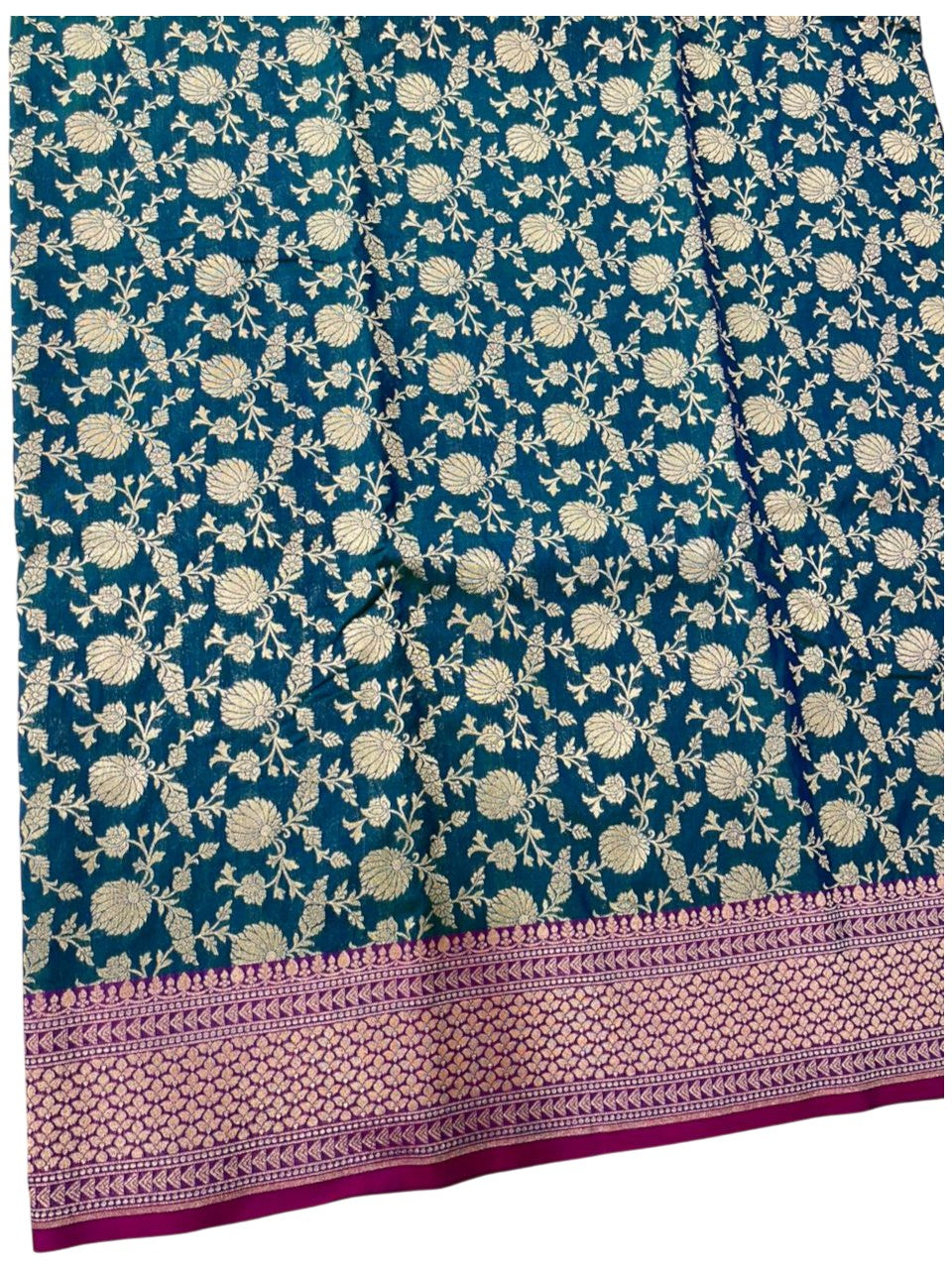 Southloom Pure Banarasi Silk Saree with Woven Work on Body and Borders (Peacock Green Blue And Magenta)