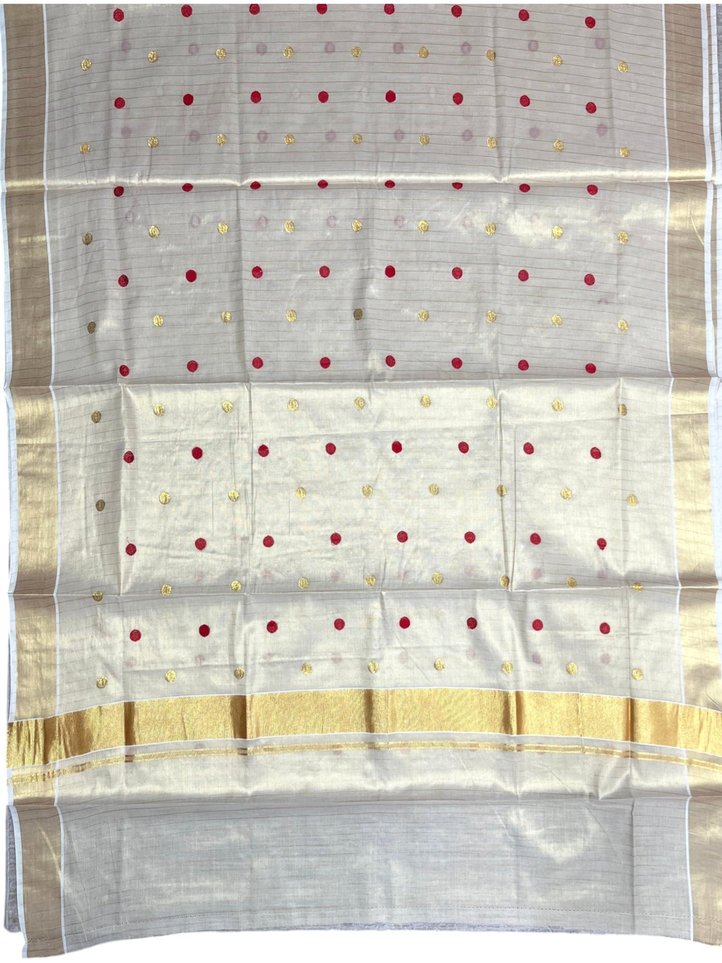 Southloom Kerala Tissue Kasavu Saree with Gold & Red Polka Embroidery Works on Body SL281
