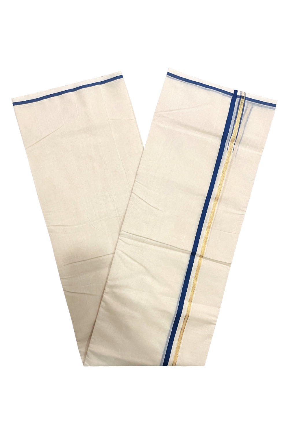 Southloom Premium Handloom Pure Cotton Mundu with Blue Puliyilakkara Kasavu Border (South Indian Kerala Dhoti)