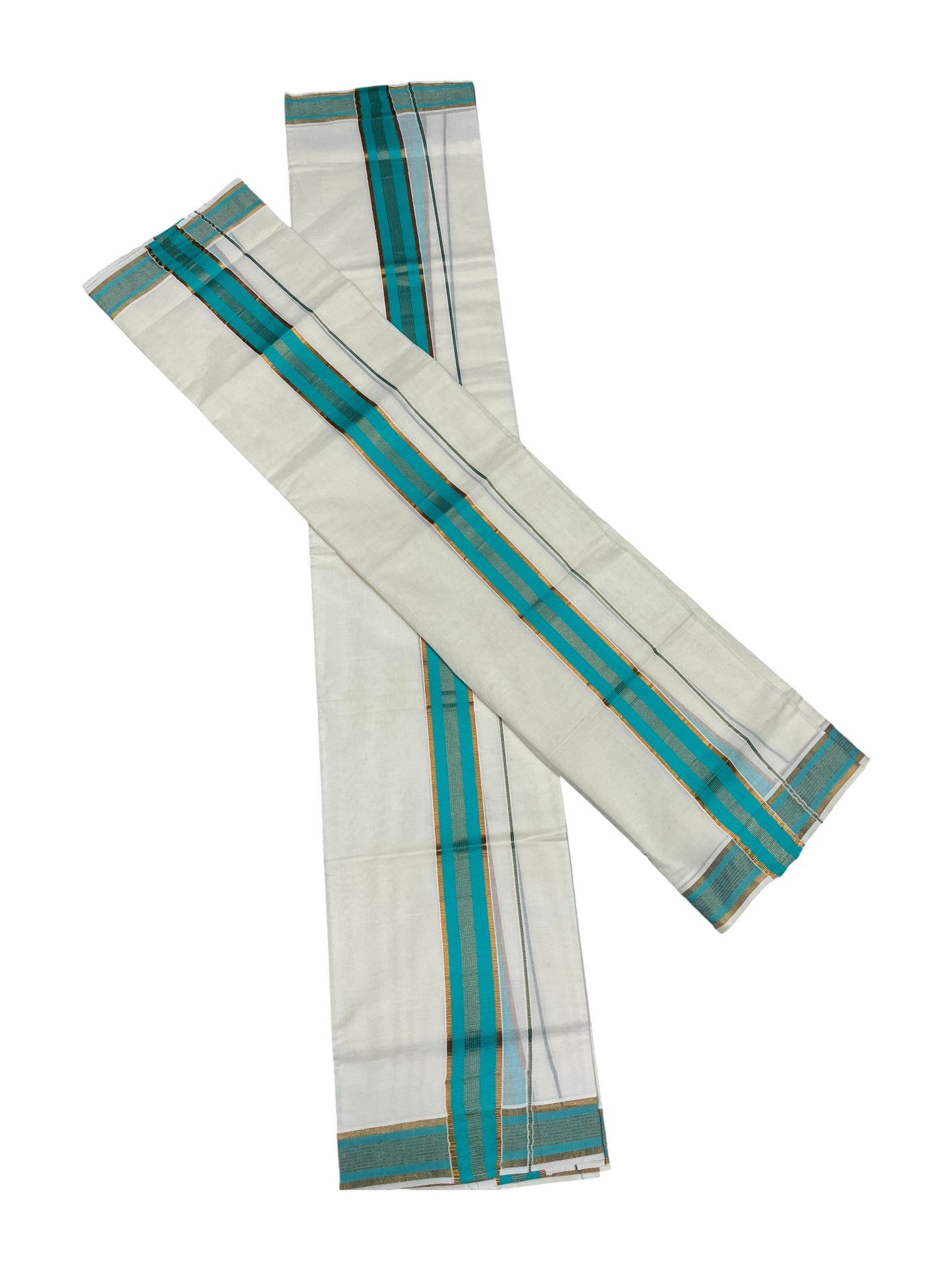Kerala Cotton Kasavu Single Set Mundu (Mundum Neriyathum) with Turquoise Border in 2.80 Mtrs