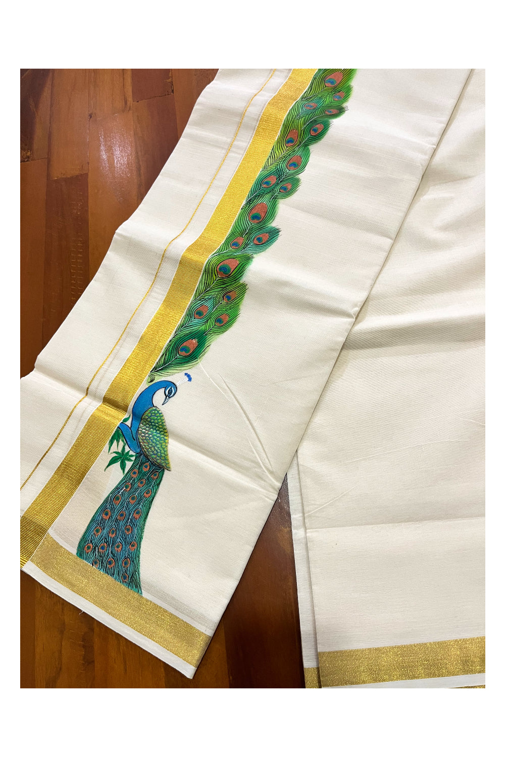 Pure Cotton Kerala Double Mundu with Peacock Hand Painted Designs on Kasavu Border (Vishu Collection 2024)