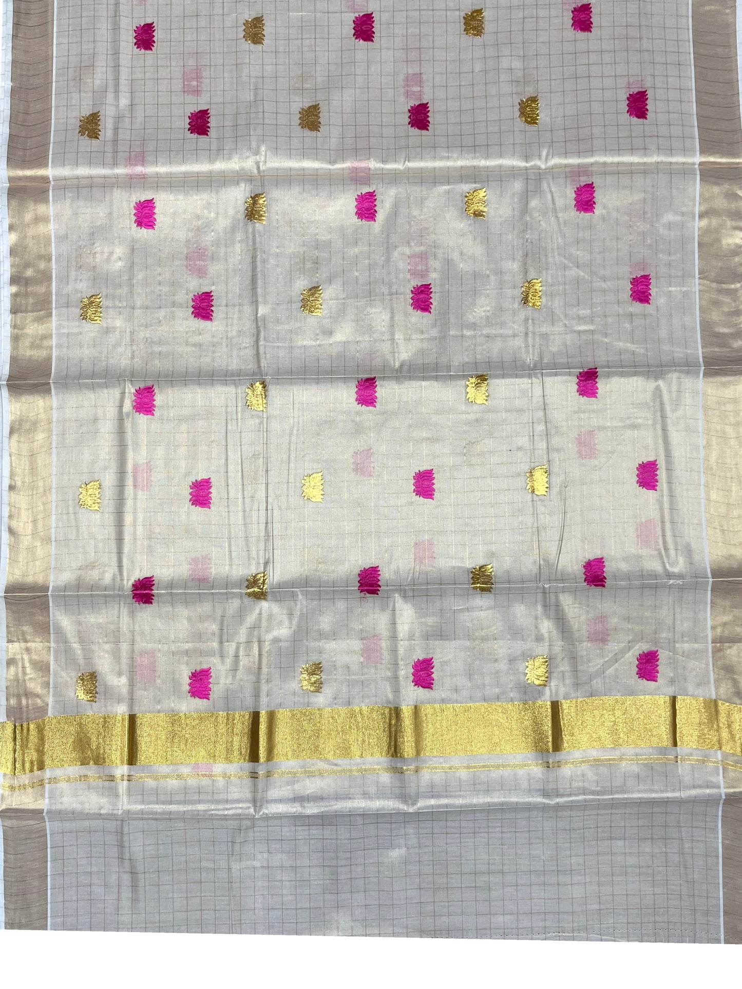 Southloom Kerala Tissue Kasavu Check Saree with Pink Lotus Embroidery Works SL524