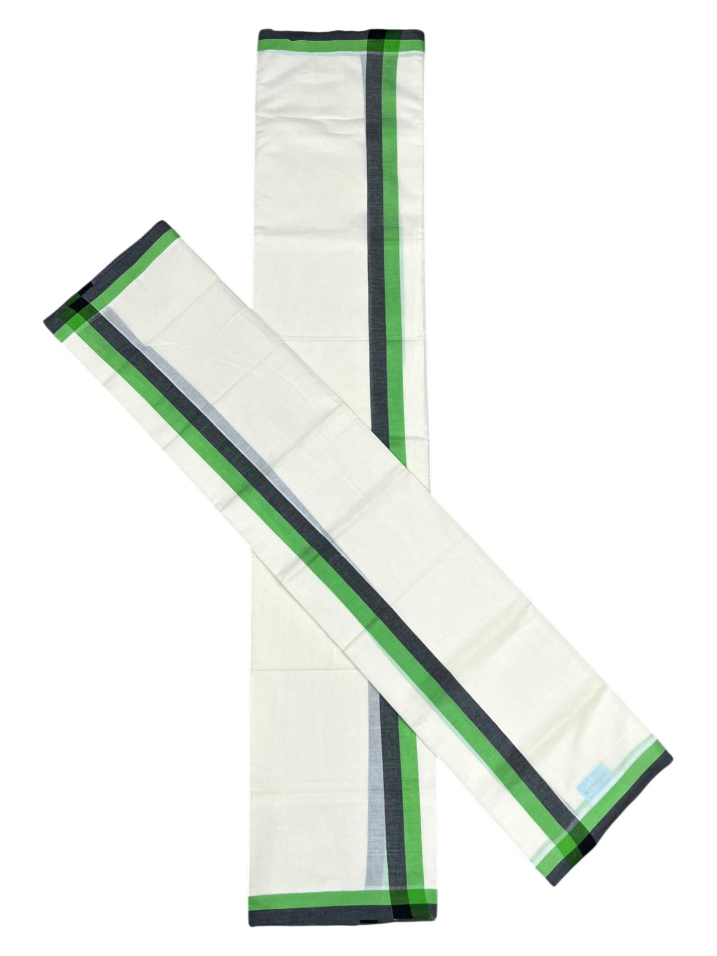 Southloom Pure Cotton Kerala Single Mulloth Set Mundu (Mundum Neriyathum) Black & Green Border in 2.50 Mtrs SL243