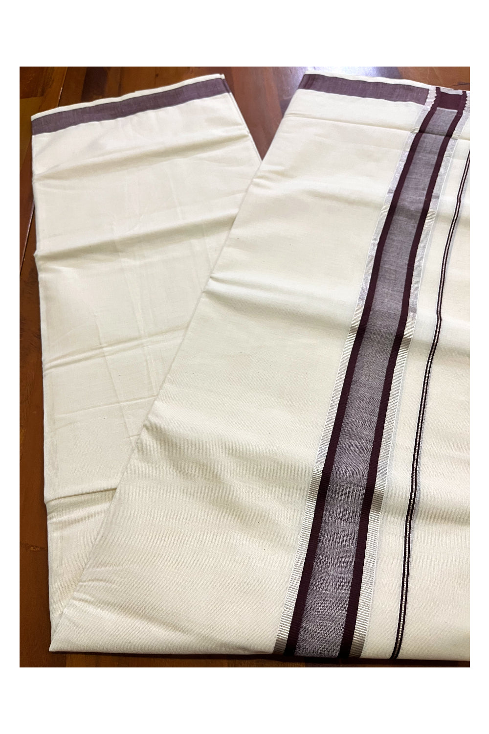 Kerala Cotton Off White Double Mundu with Silver Kasavu and Brown Border (South Indian Kerala Dhoti)