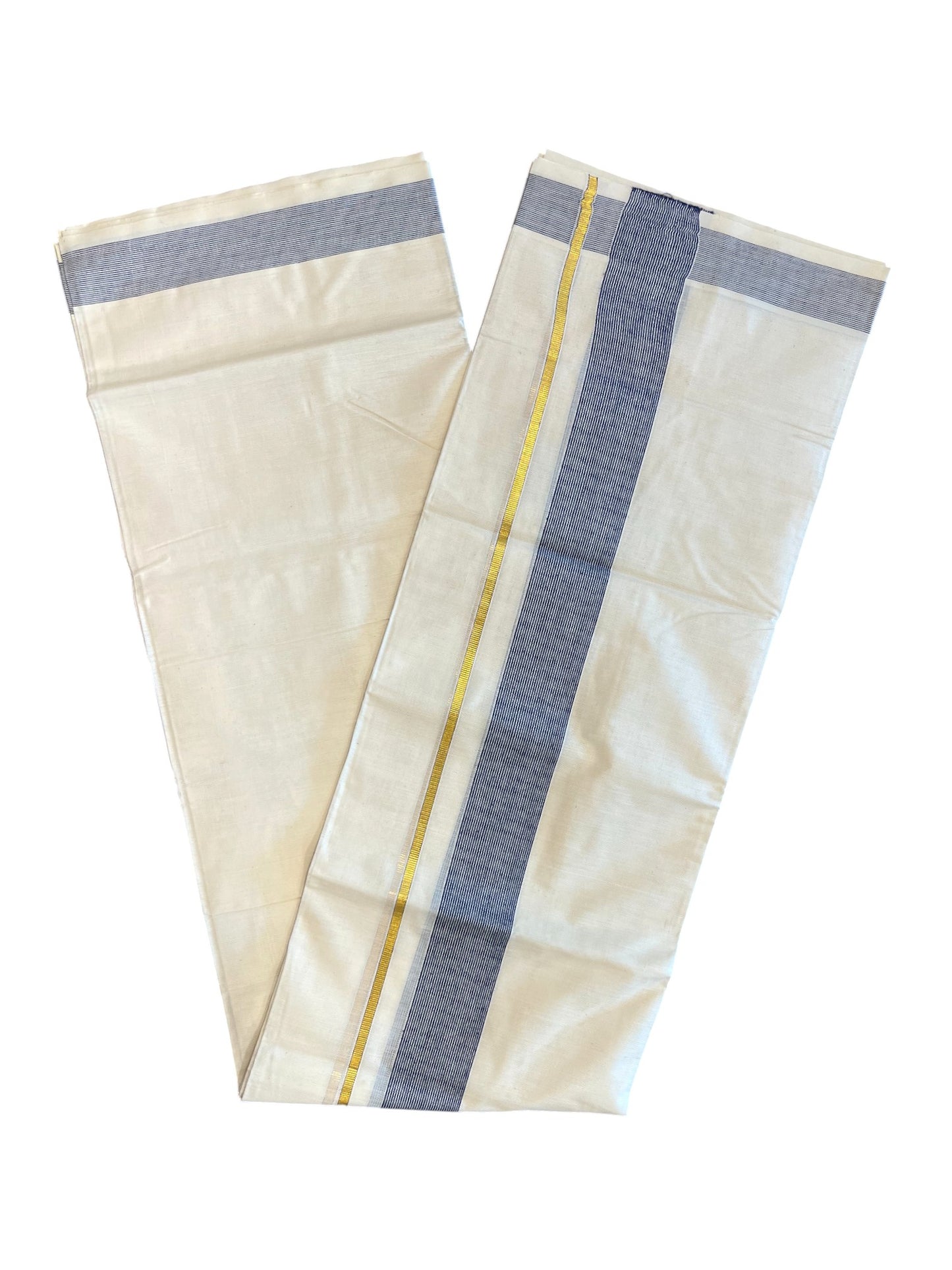 Southloom Kerala Pure Cotton Double Mundu with Gold Lines & Blue Border (South Indian Dhoti)